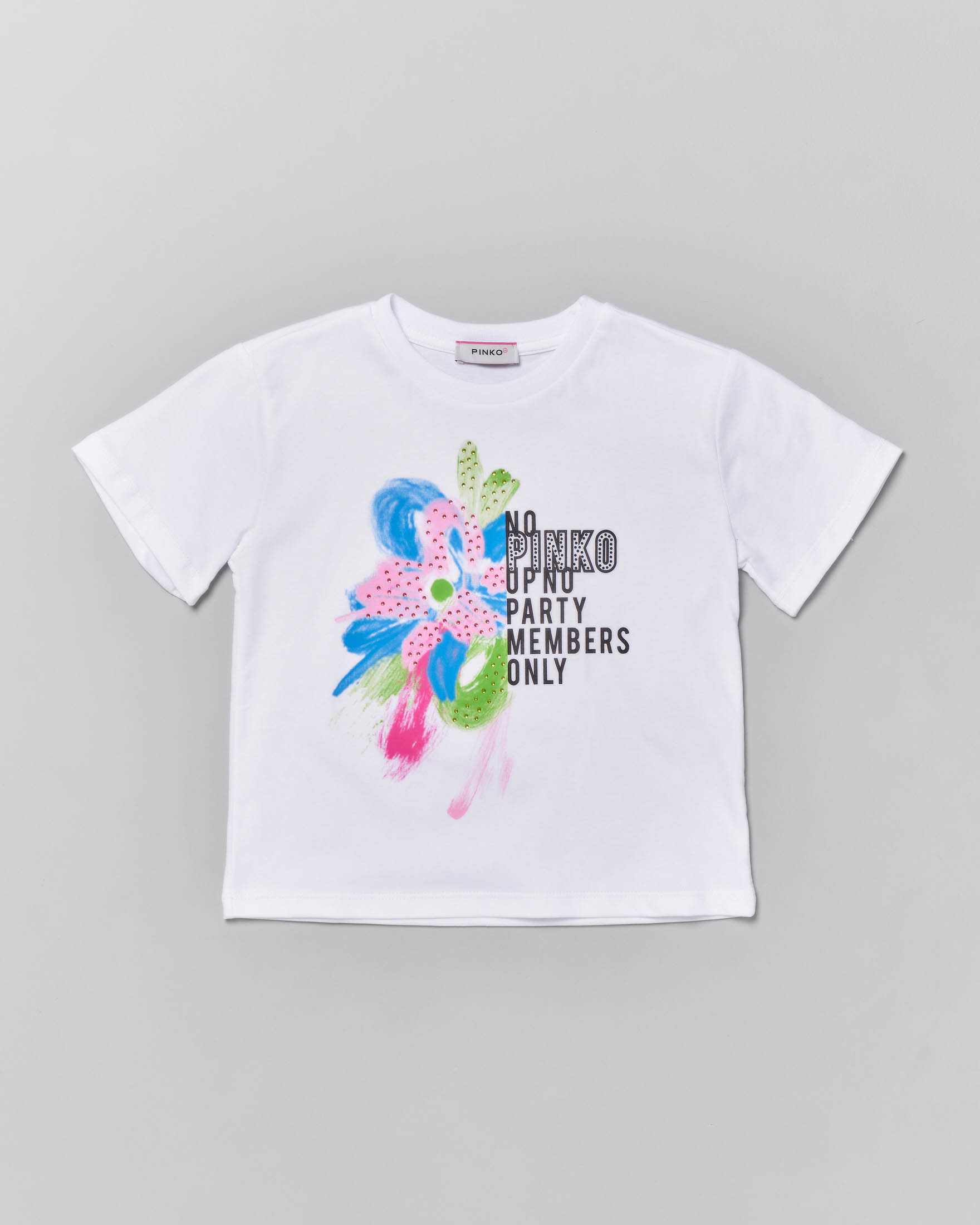 T-shirt girocollo bianca con stampa logo nera e fiori multicolor con strass  3-7 anni