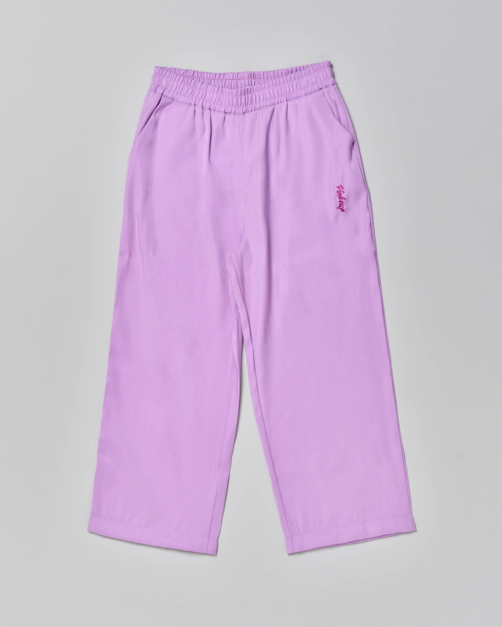 Pantalone palazzo lilla in viscosa effetto laminato con logo ricamato S-XL