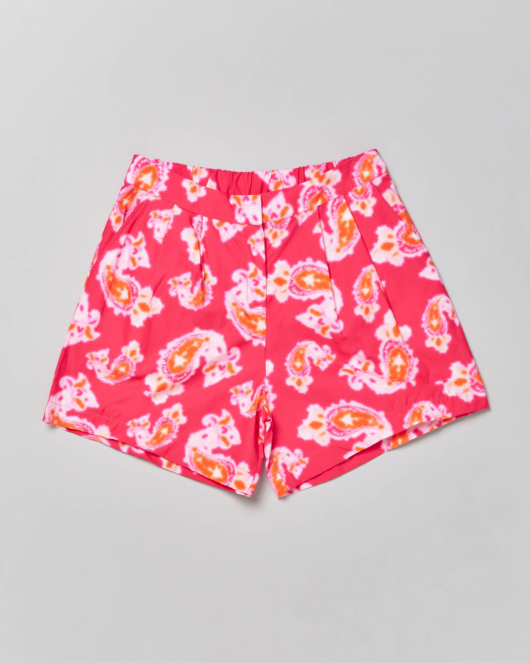 Shorts fucsia in tela di cotone a stampa paisley con pinces S-XL