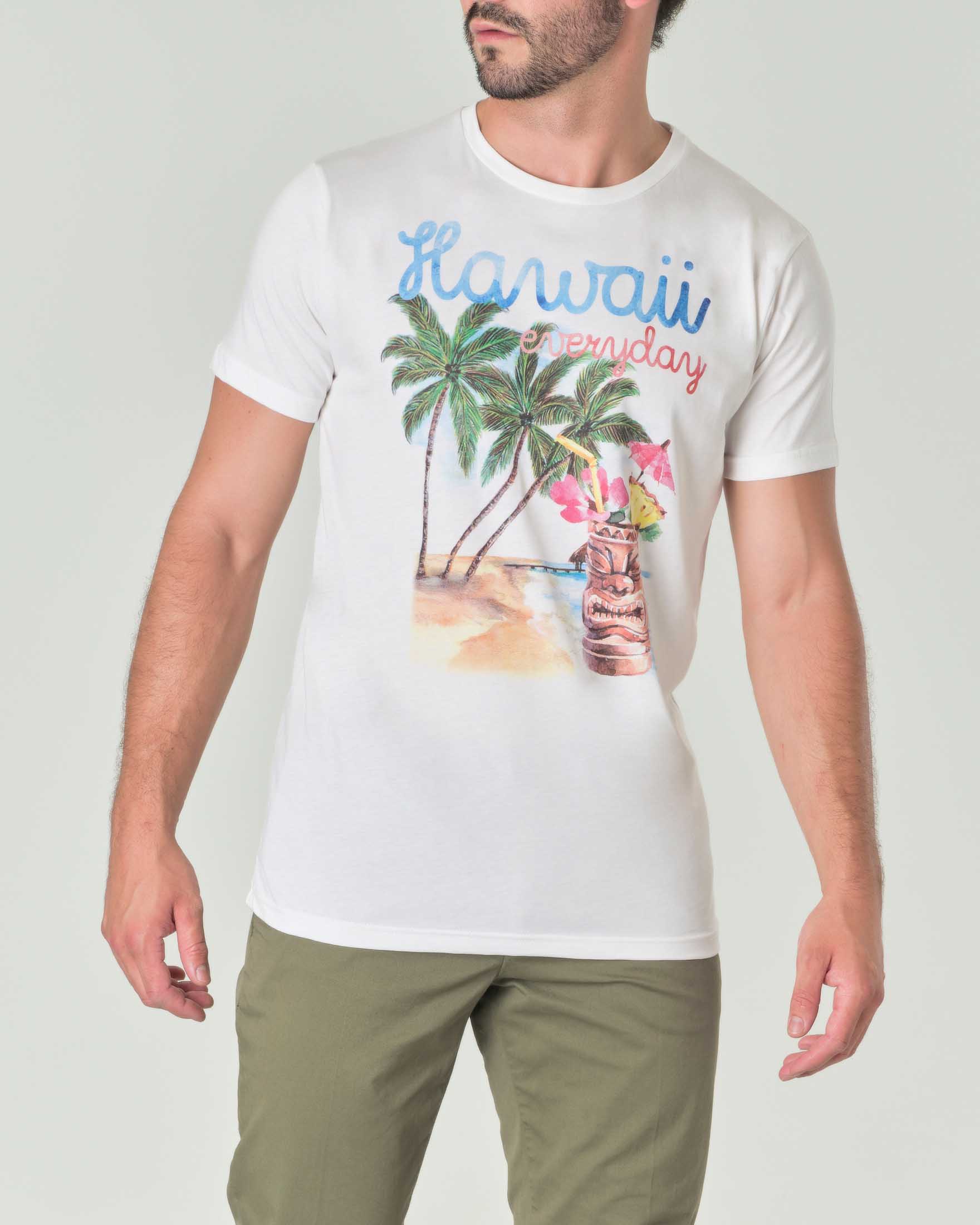 T-shirt bianca in puro cotone con stampa hawaii multicolore sul