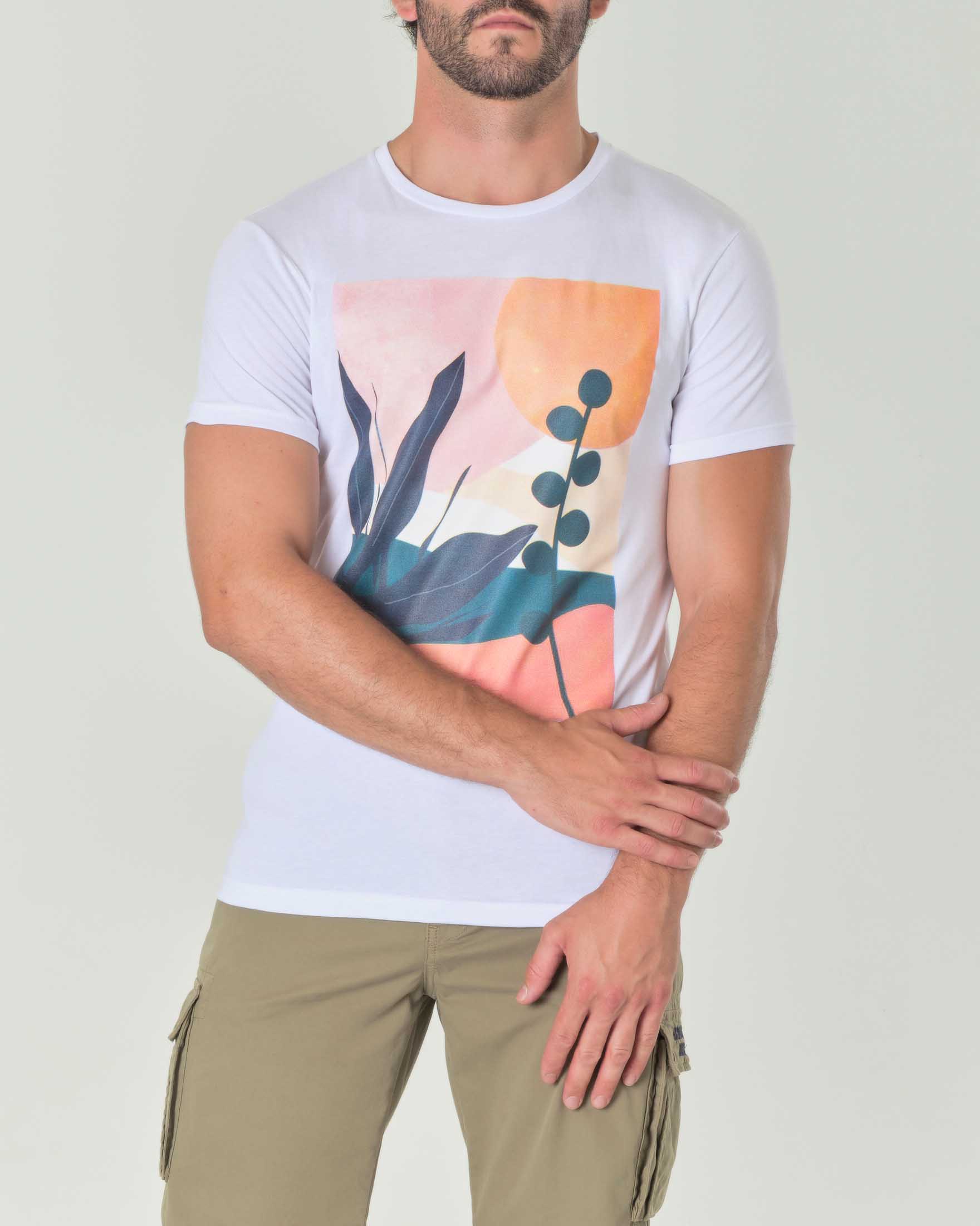 T-shirt bianca in puro cotone con stampa botanica astratta multicolore