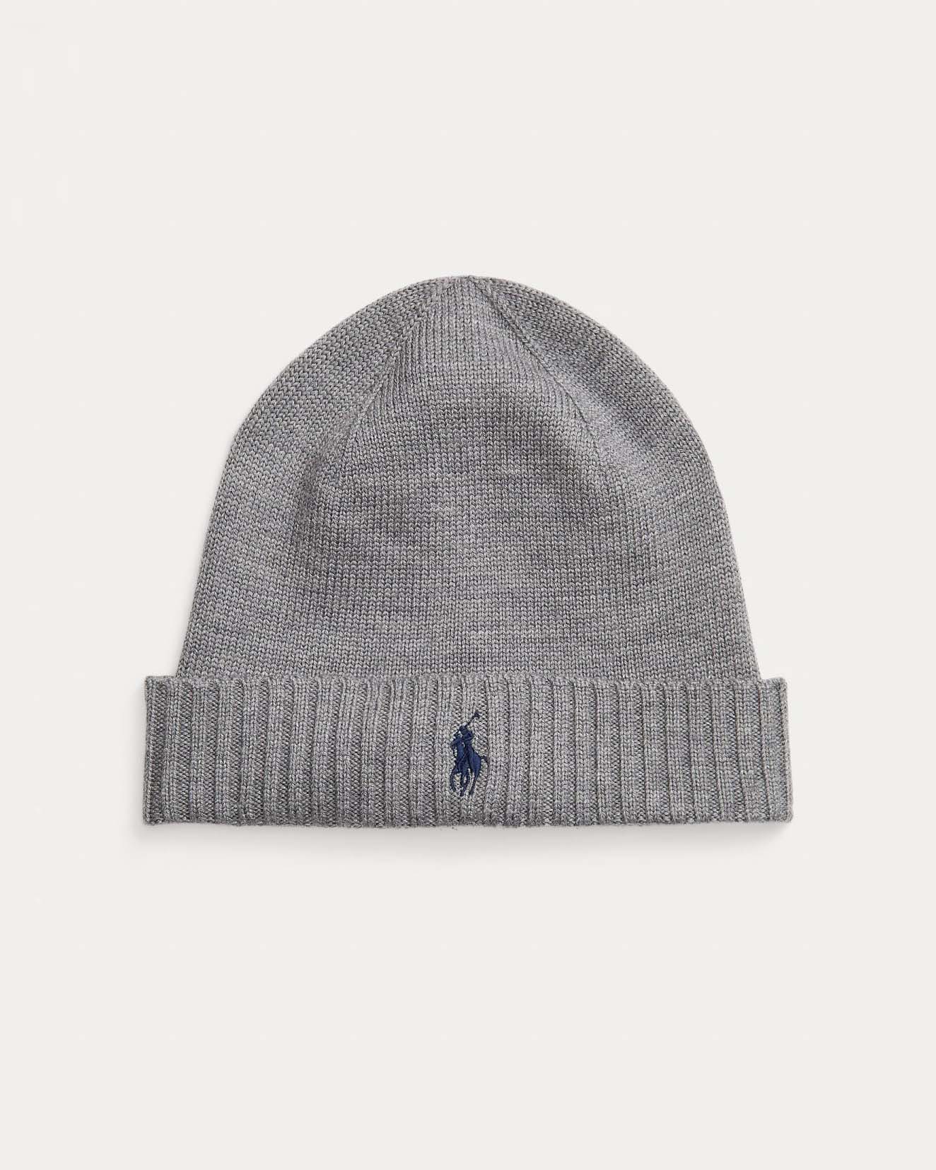 Berretto Polo Ralph Lauren grigio in pura lana merino con risvolto e logo pony blu