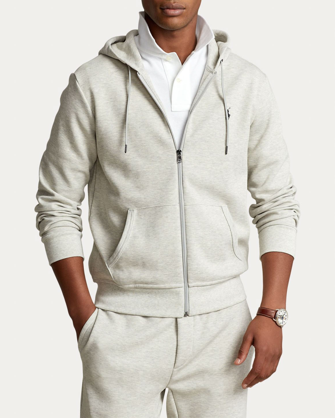 Felpa Polo grigio chiaro in interlock di cotone con cappuccio e chiusura zip