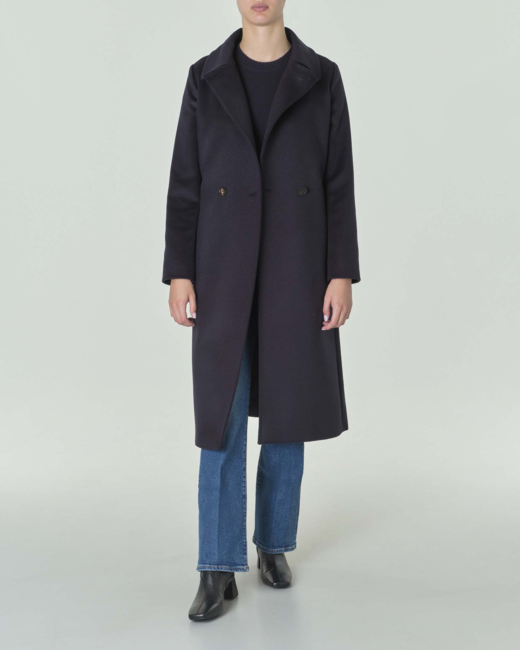 Cappotto Max Mara Studio blu in drap di pura lana con colletto a camicia e cintura in vita image