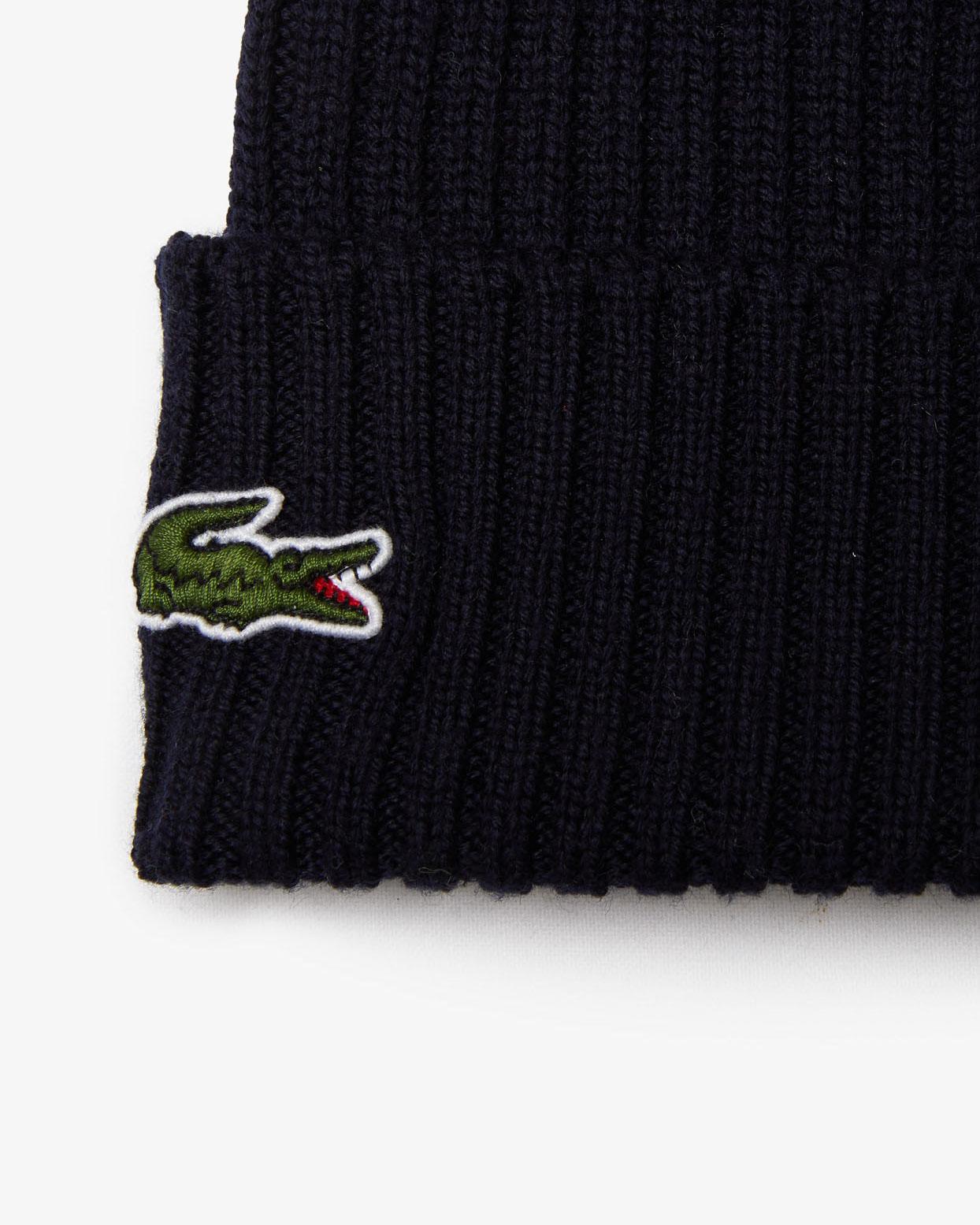 Berretto Lacoste blu in lana a coste con logo coccodrillo verde