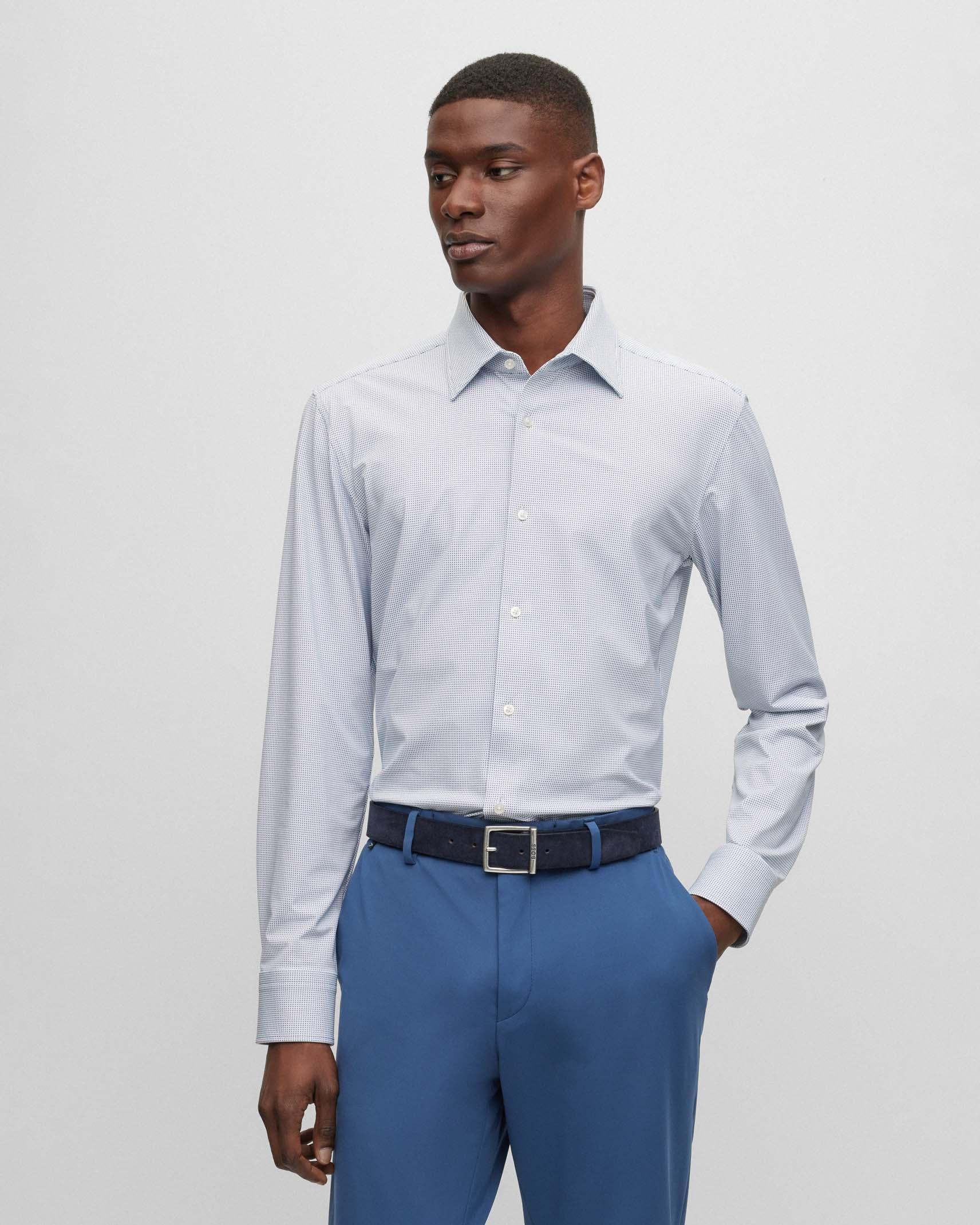 Camicia bianca Hank slim fit in tessuto tecnico stretch micro fantasia  azzurra con colletto Kent