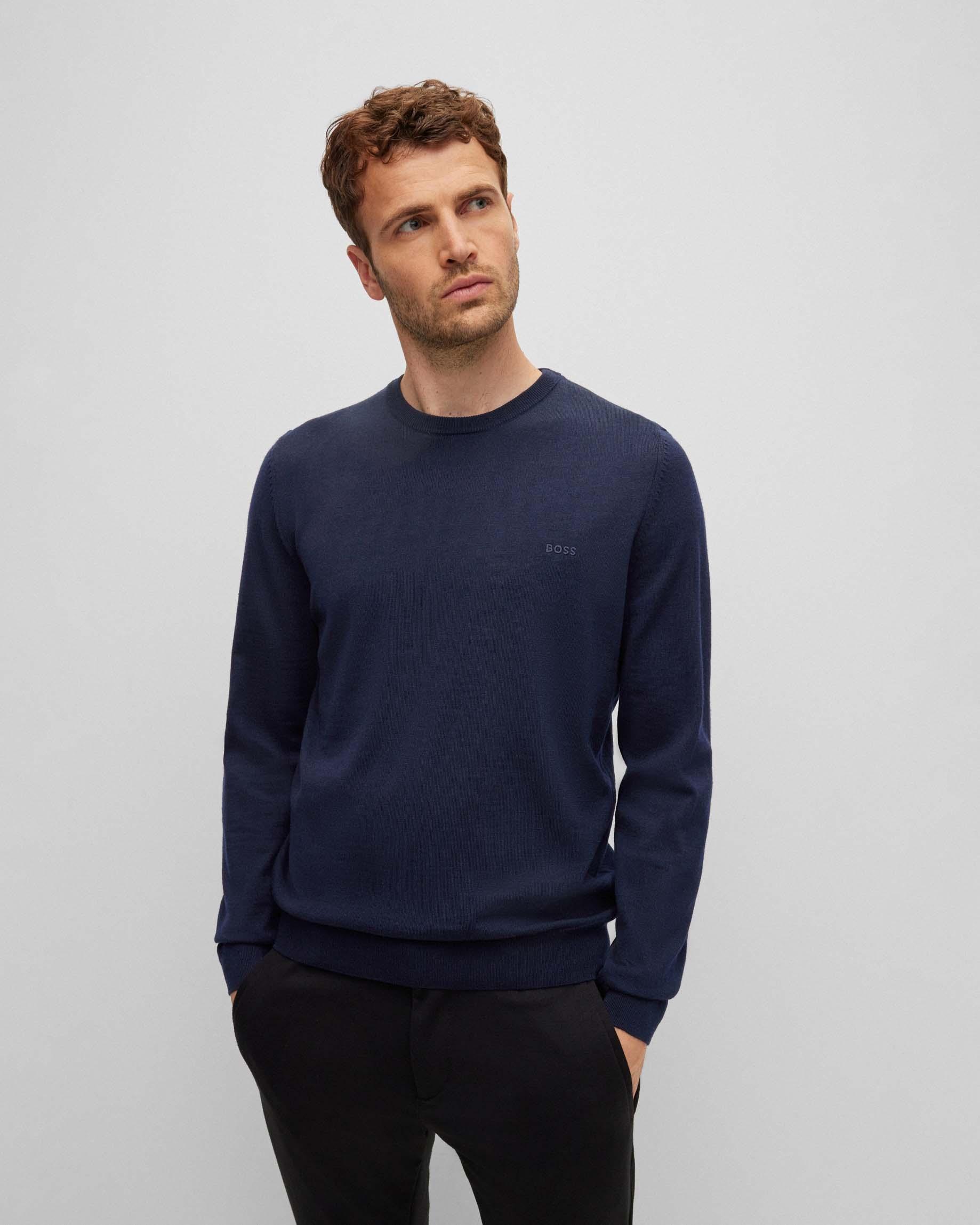 Maglia blu girocollo in pura lana vergine
