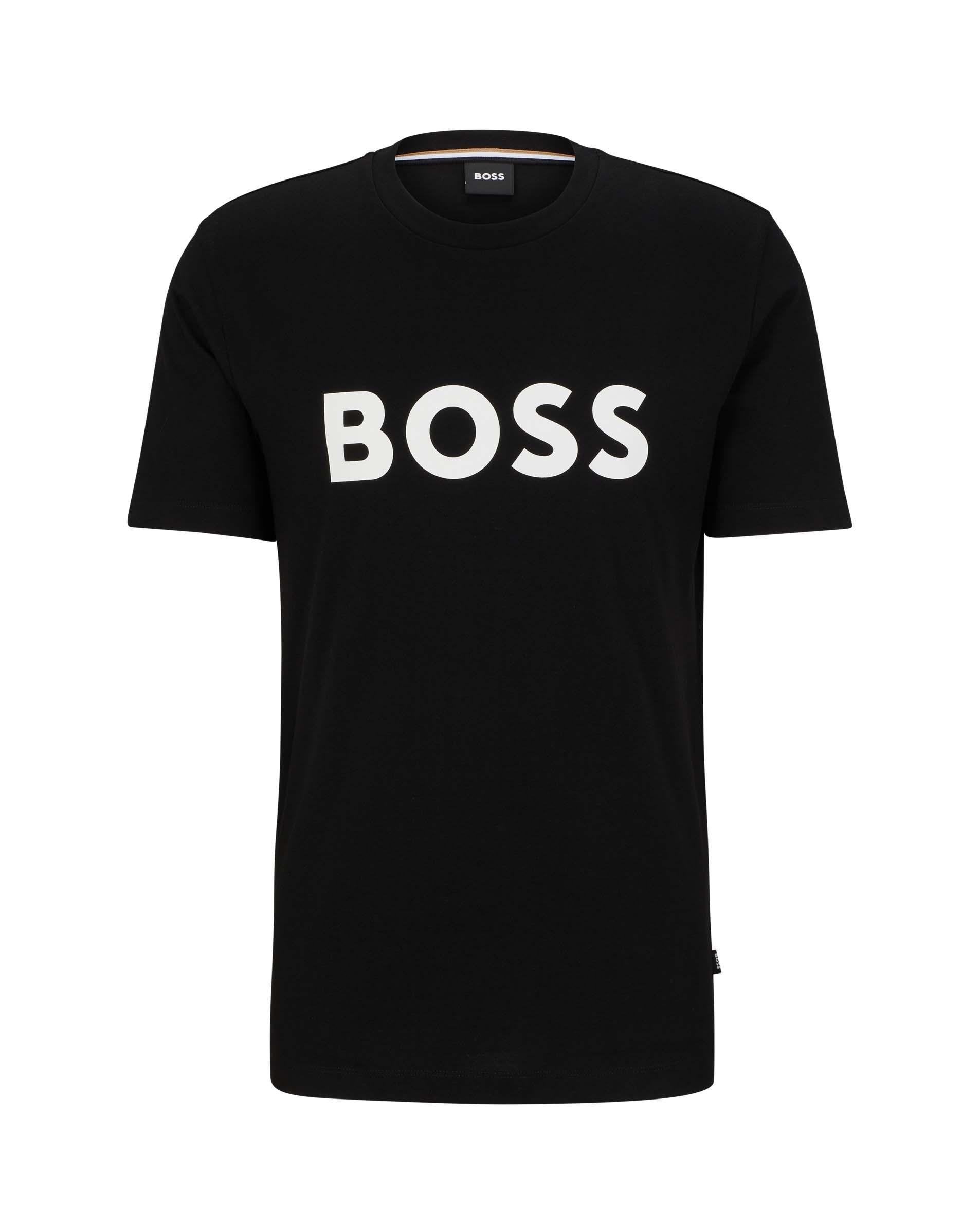 T shirt nera mezza manica con maxi logo Boss bianco stampato