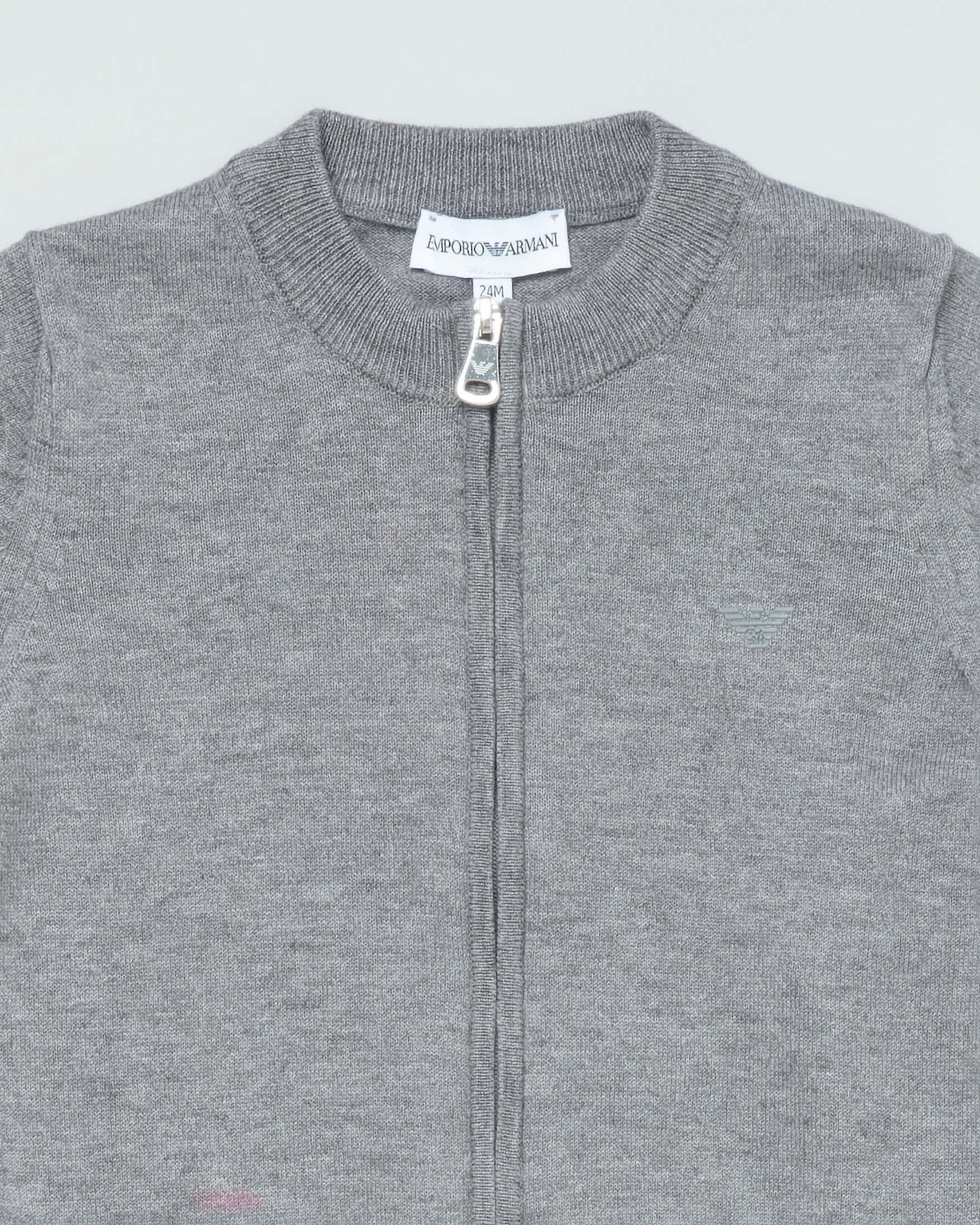 Maglioncino cardigan grigio Emporio Armani Junior con chiusura zip in misto lana e cotone 