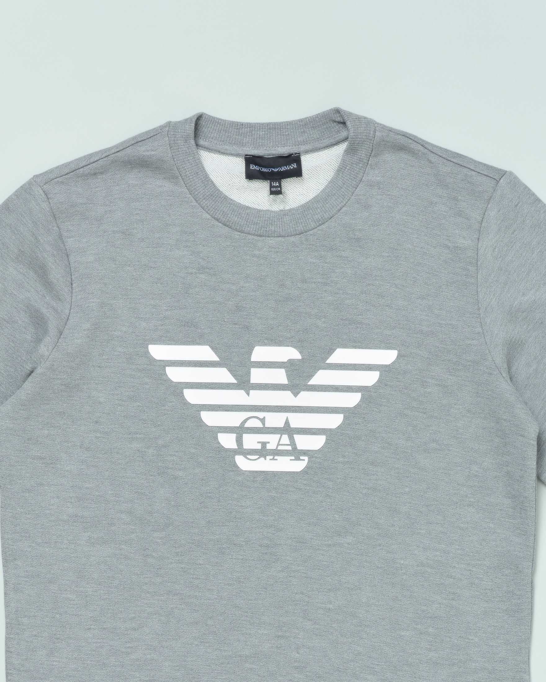 Felpa grigia girocollo Emporio Armani Junior in misto modal e cotone con logo aquila bianco