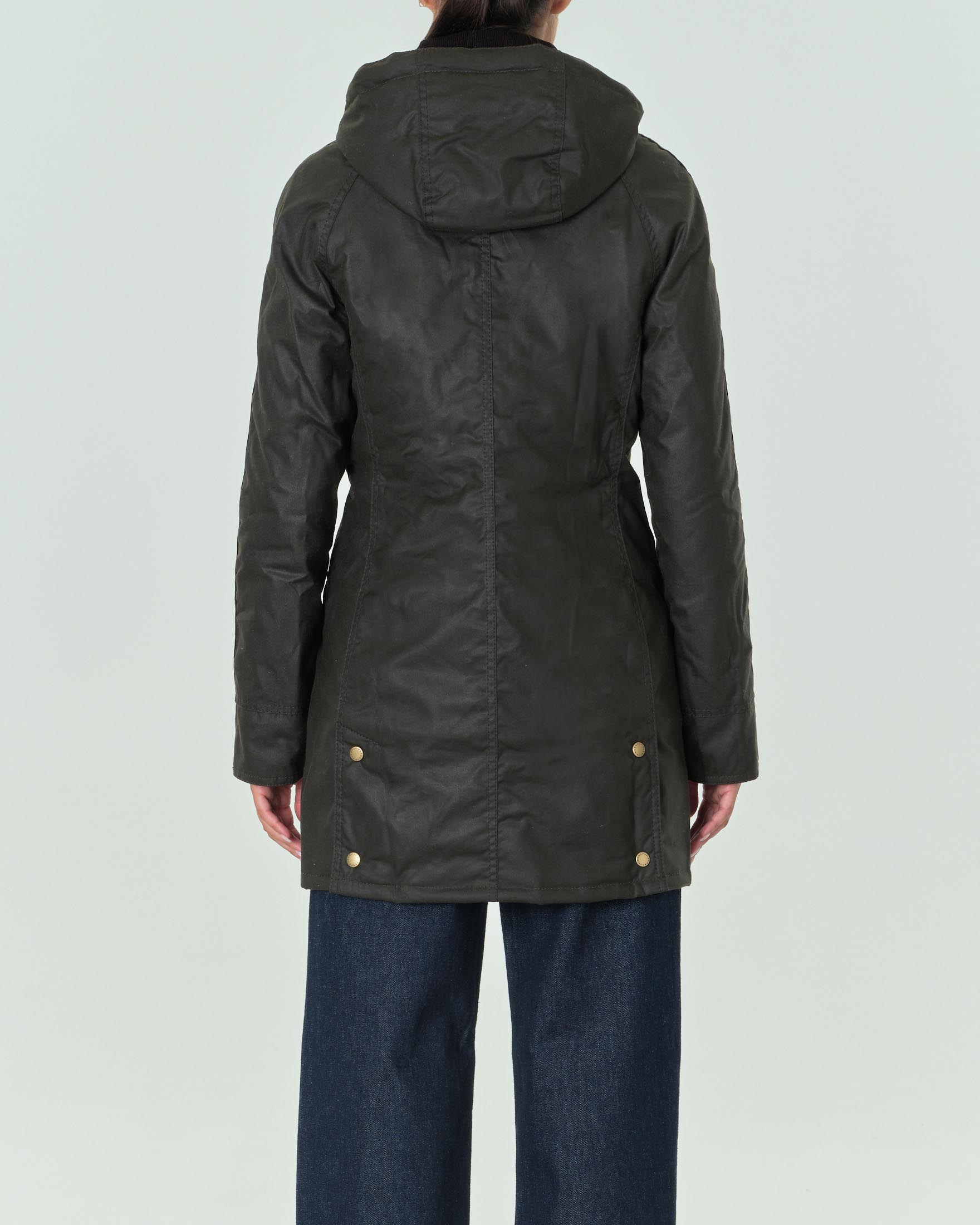 Giacca Bower Barbour verde militare in cotone cerato con cappuccio rimovibile