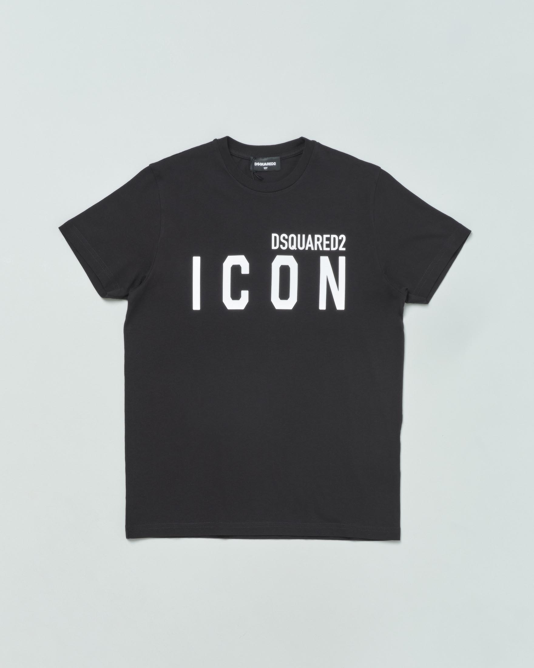 T shirt nera mezza manica in cotone con stampa scritta logo ICON bianca 10 16 anni