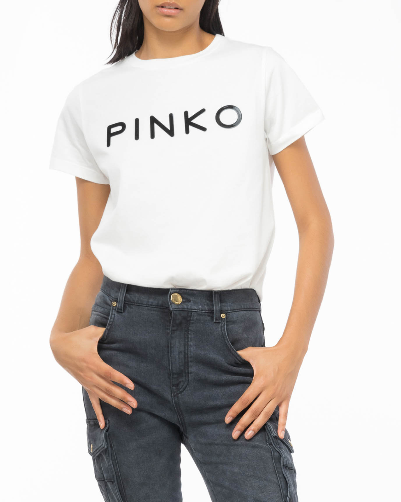 T-shirt bianca slim in puro cotone a maniche corte con stampa maxi logo  nera al petto gommata