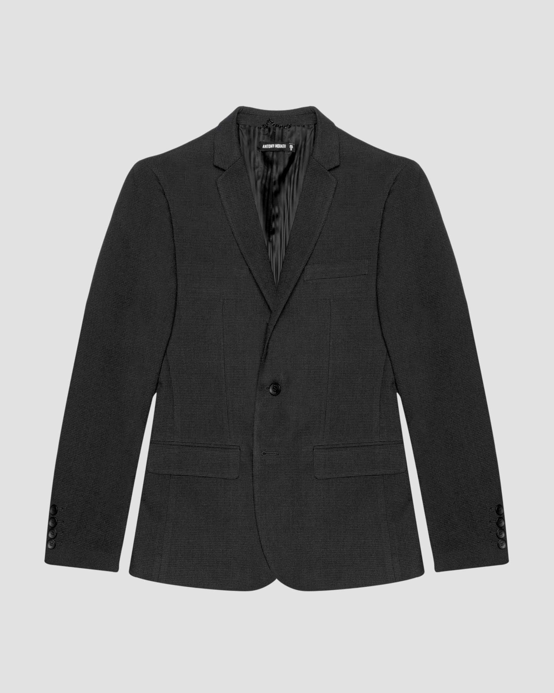 Blazer nero in tessuto micro armatura stretch con chiusura monopetto