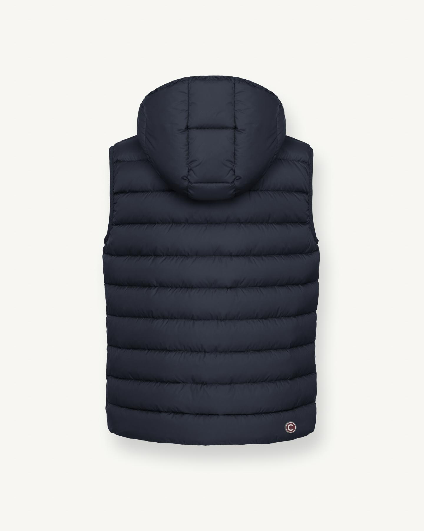 Gilet blu navy in nylon opaco imbottito in piuma con cappuccio staccabile image