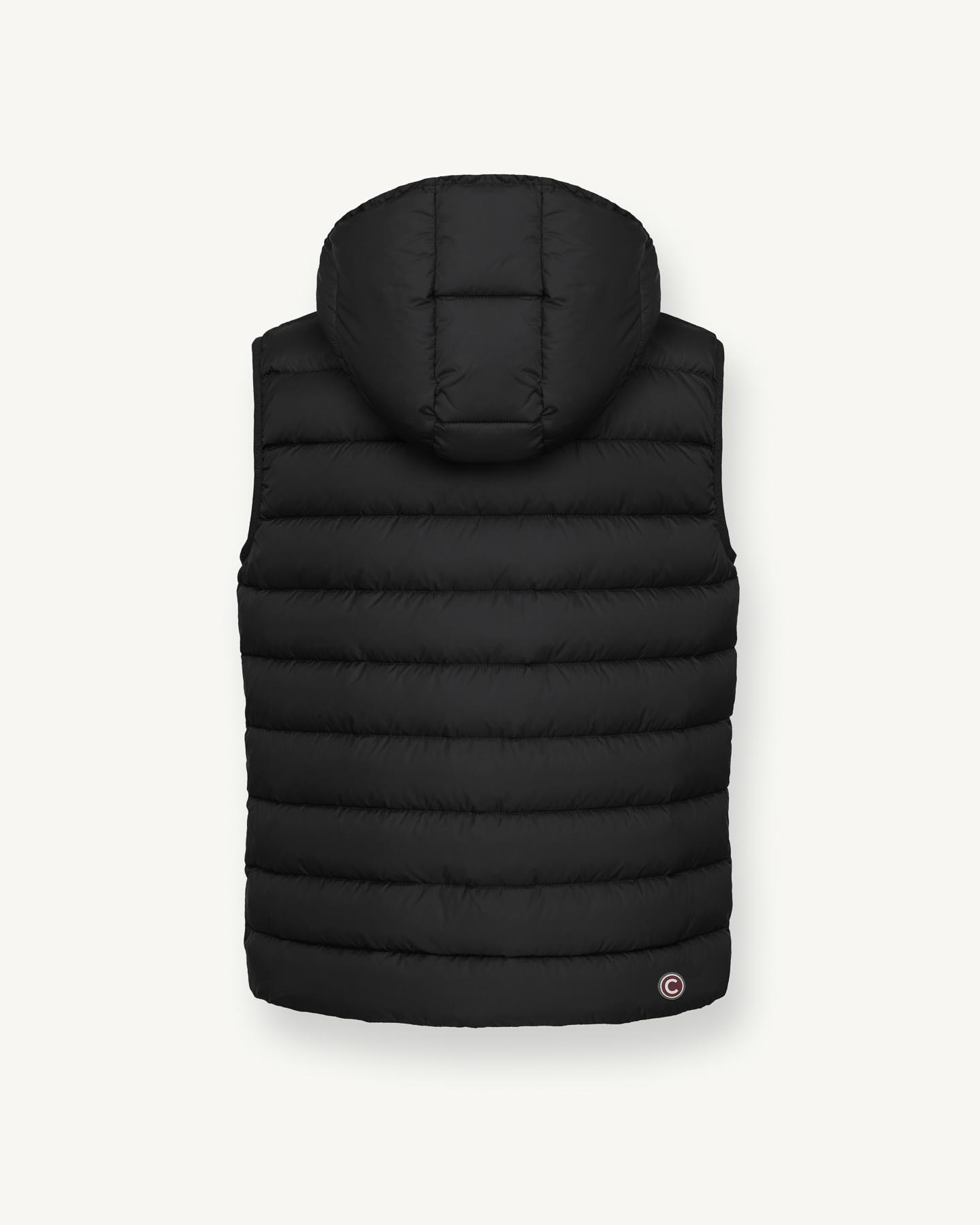 Gilet nero in nylon opaco imbottito in piuma con cappuccio staccabile image