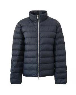 Piumino blu in nylon riciclato con colletto in piedi e logo ricamato sul petto tono su tono