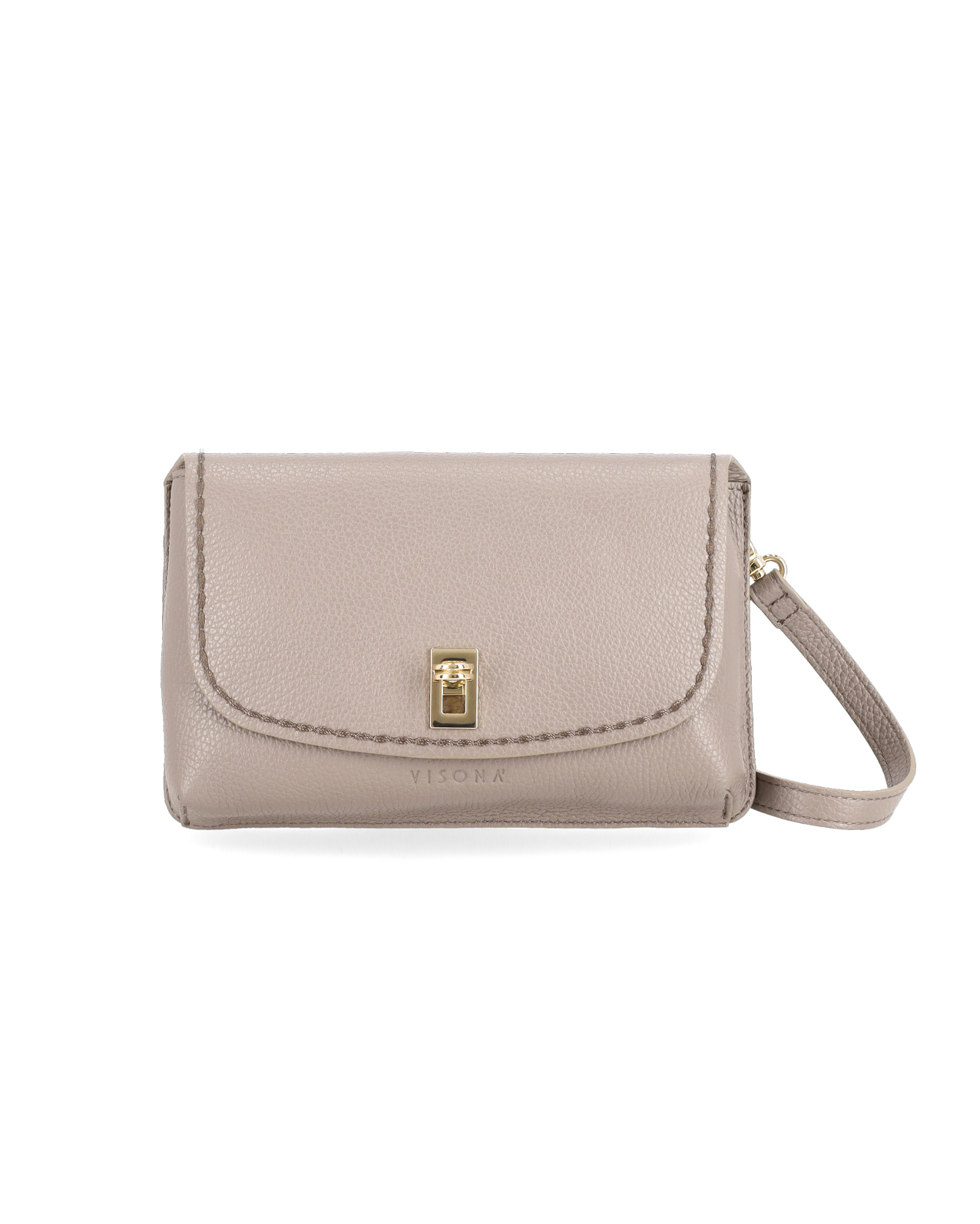 Pochette color taupe in pelle martellata con chiusura a girello e tracolla removibile