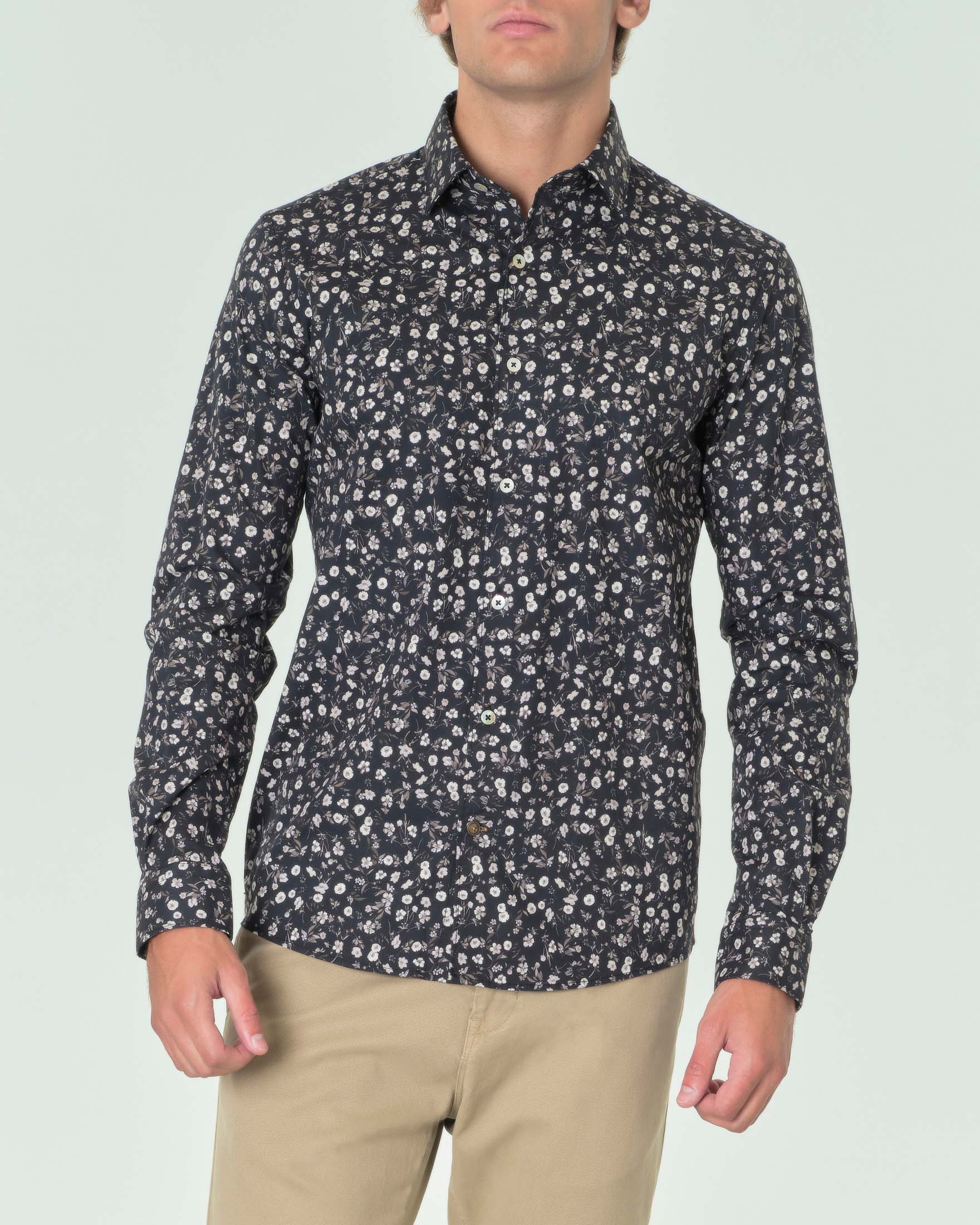 Camicia nera in cotone stretch a fantasia floreale Pellizzari