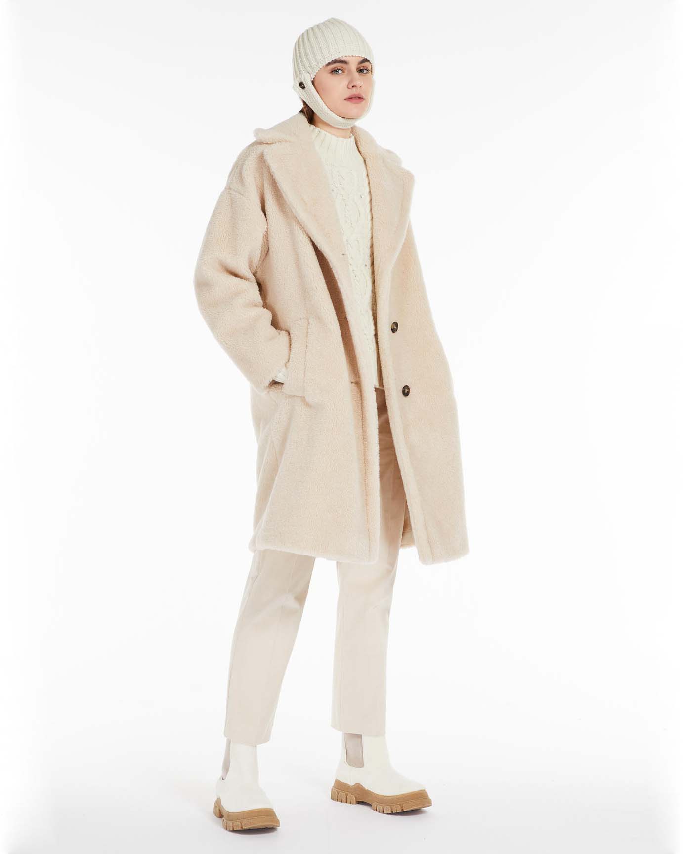 CAPPOTTO DONNA BEIGE IN PURA LANA VERGINE EFFETTO MONTONE