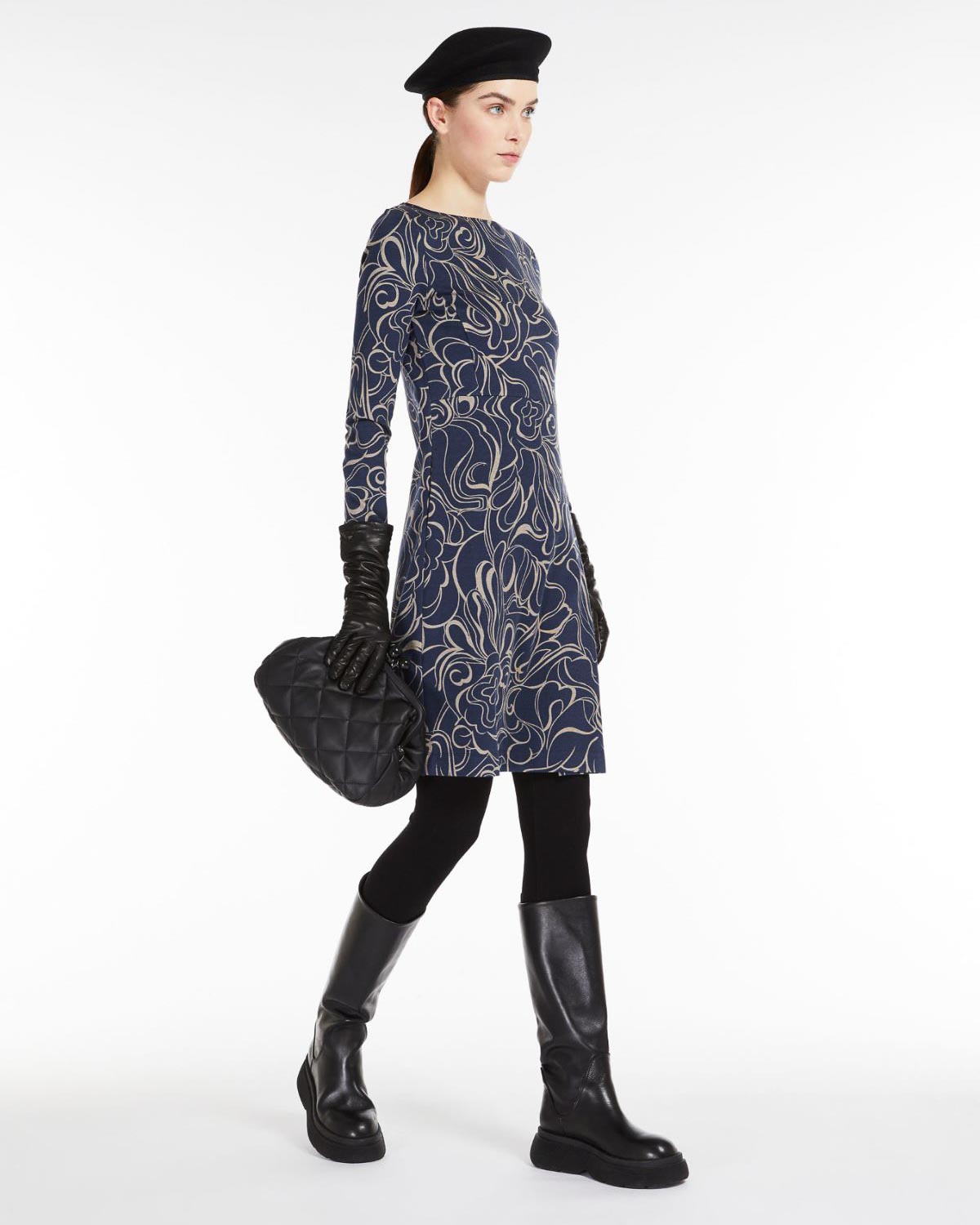 Abito blu corto in misto viscosa a motivo grafico beige con maniche lunghe image