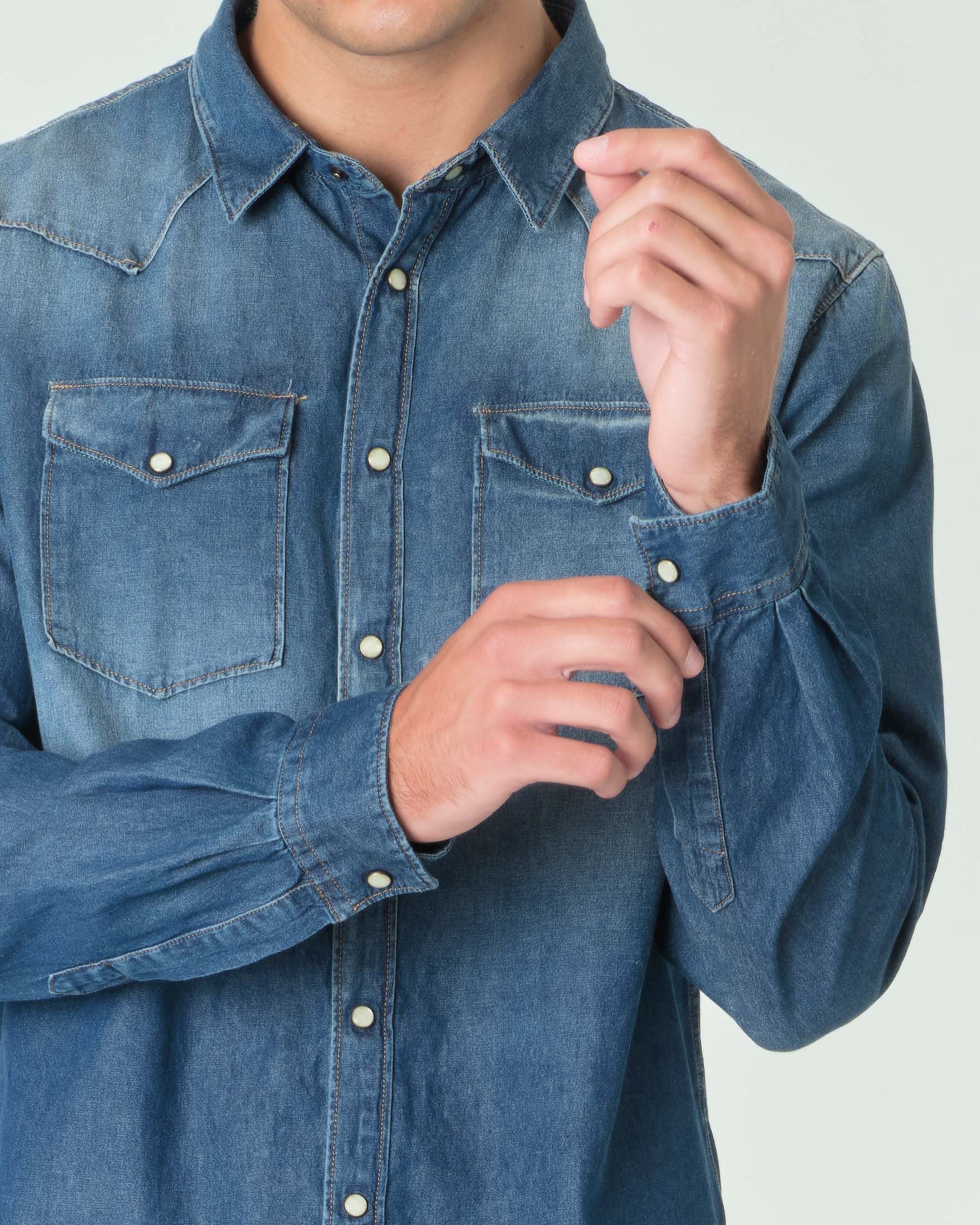 Camicia western My Stuff in denim di puro cotone lavaggio medio stone washed image