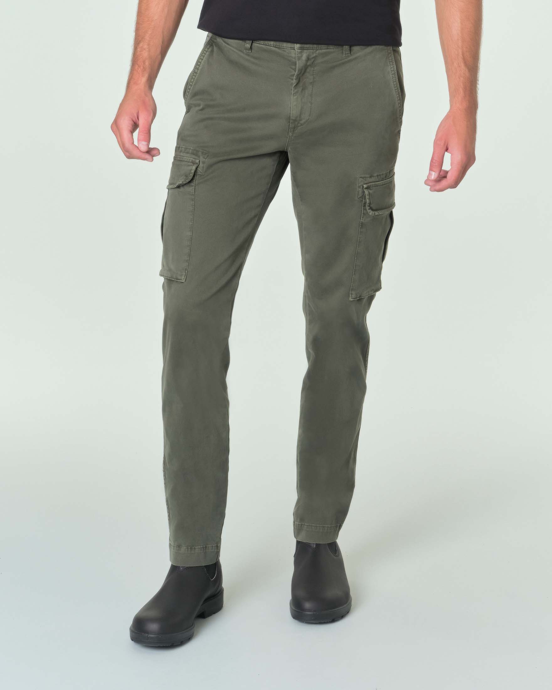 Pantalone cargo verde militare in gabardina di cotone stretch