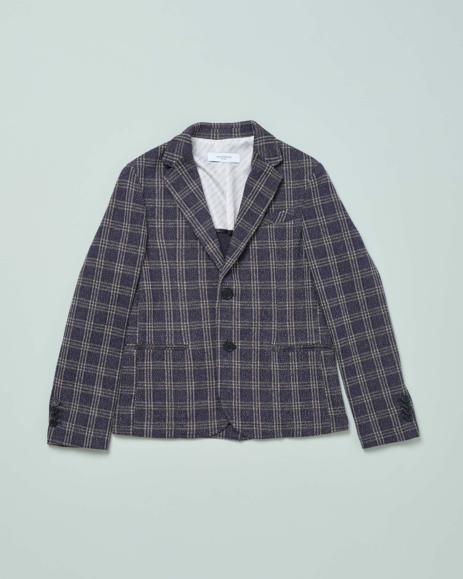 Blazer blu in misto cotone fantasia principe di Galles beige 