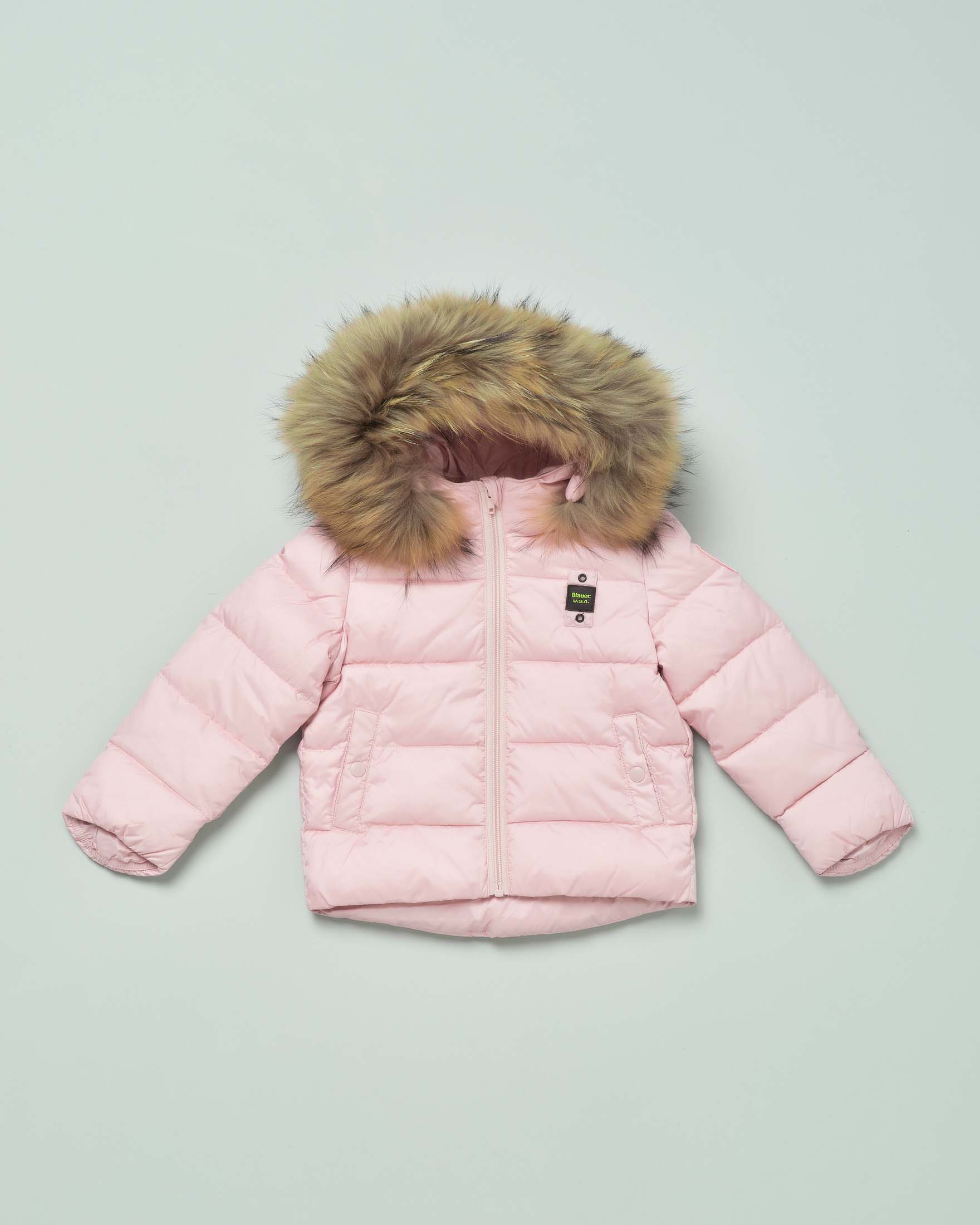 Giaccone Blauer rosa imbottito con cappuccio e pelliccia Pellizzari