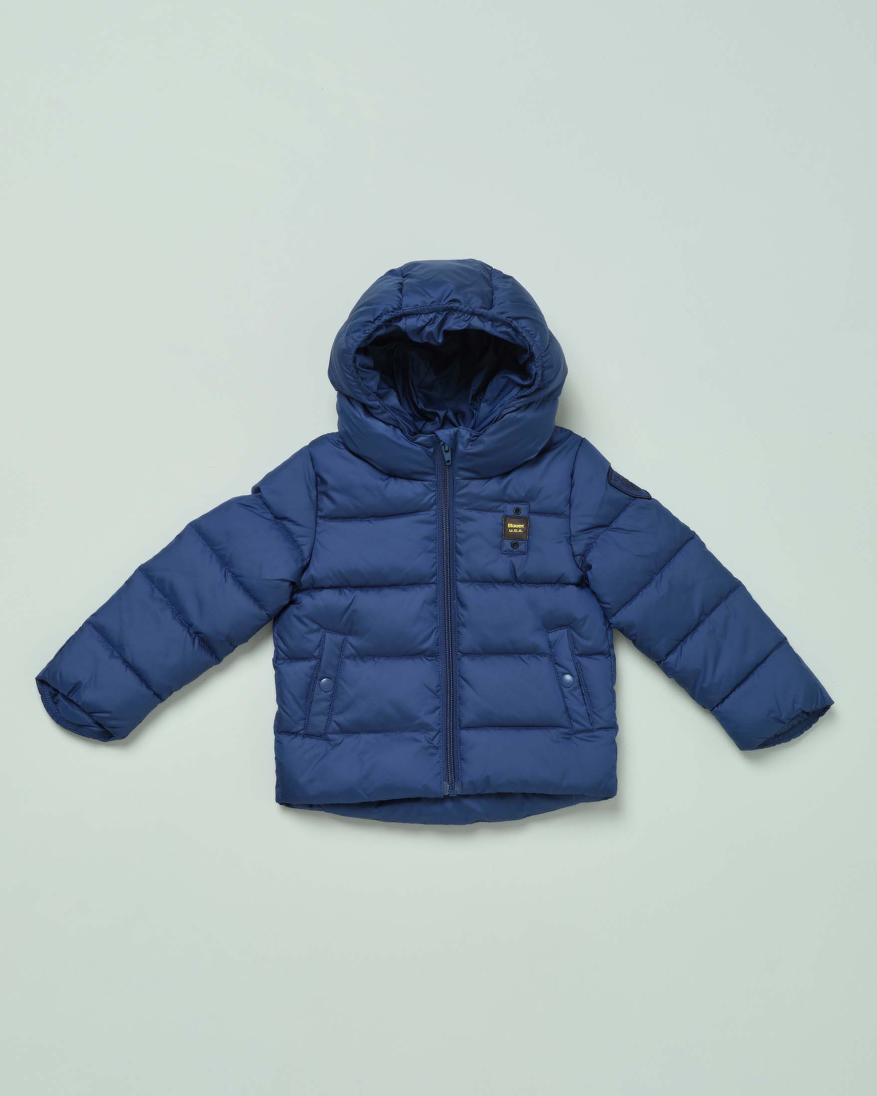 Piumino blu in nylon opaco con cappuccio fisso 18 24 mesi