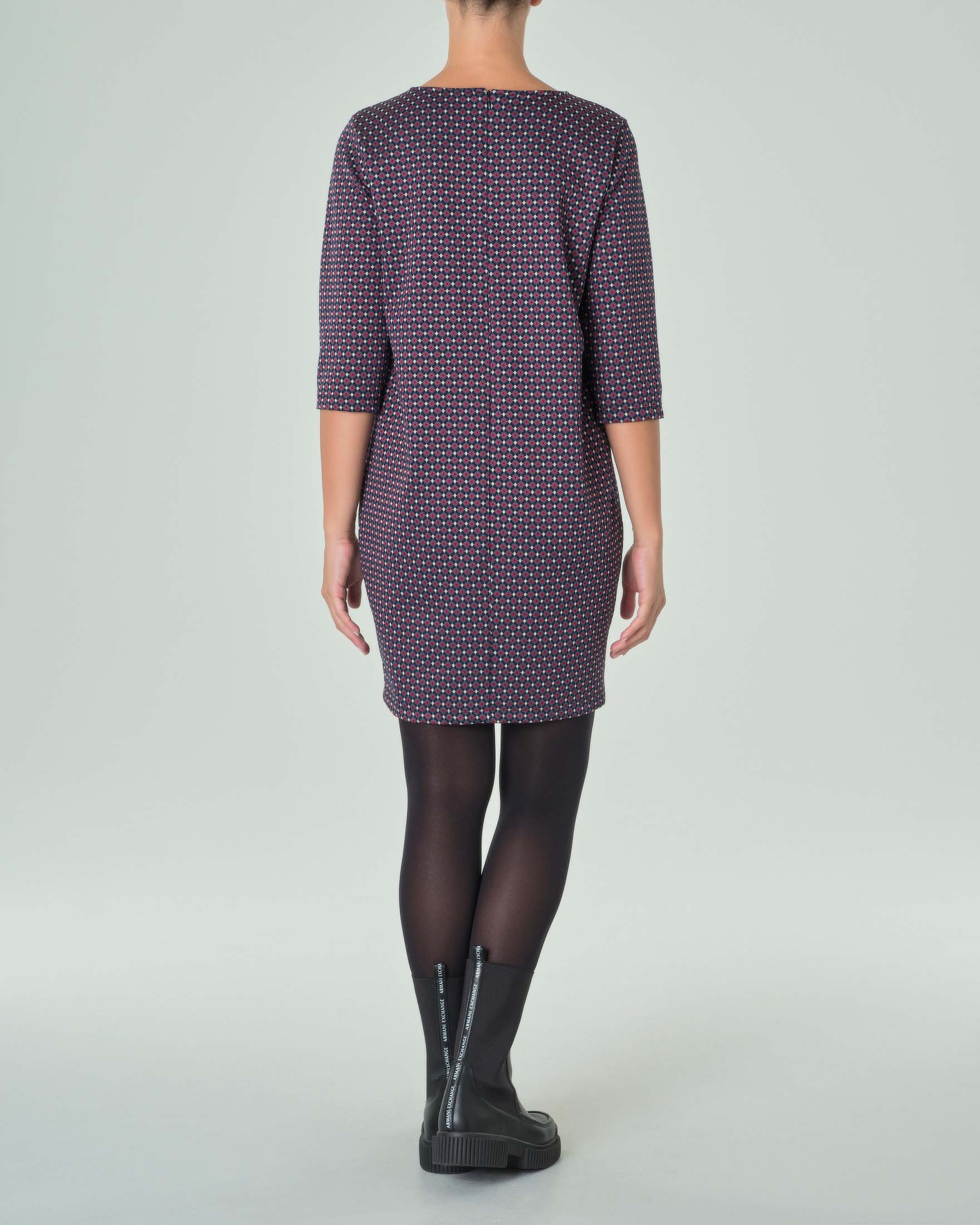 Abito corto in tessuto stretch a microfantasia ciclamino e nero