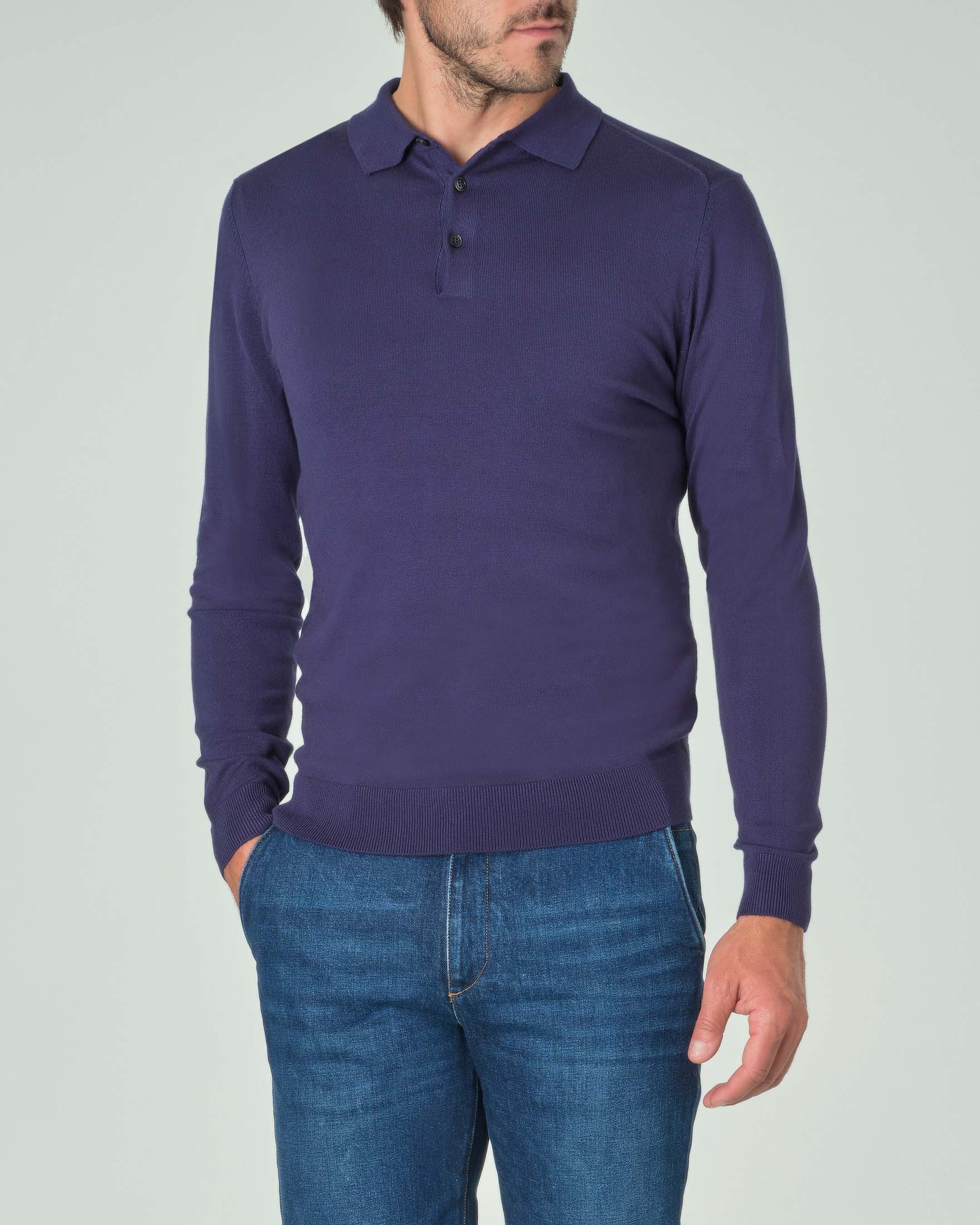 Polo manica lunga Paul Baker blu indaco in maglia di viscosa