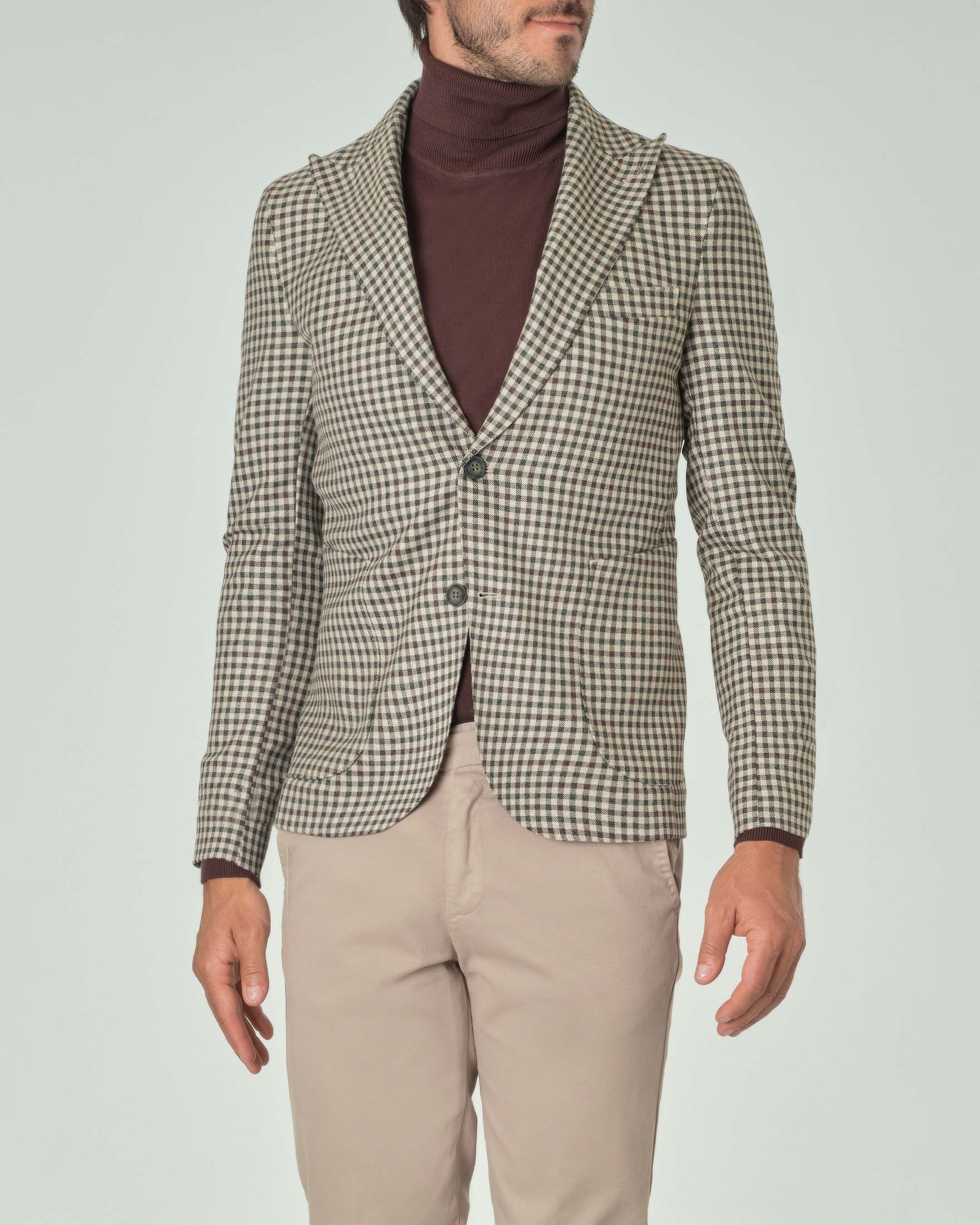 Blazer beige con fantasia a quadretti noce e verde in jersey di viscosa stretch e rever a lancia