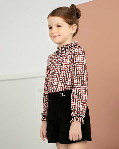 Camicia a maniche lunghe in viscosa con fantasia cuoricini rossi glitter  6-12 anni