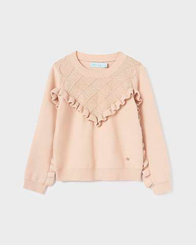Maglia beige girocollo con inserti rouches 4-14 anni