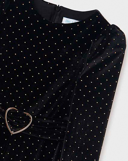 Tuta a maniche lunghe in velluto nero glitterato e fusciacca con cuore dorato  image