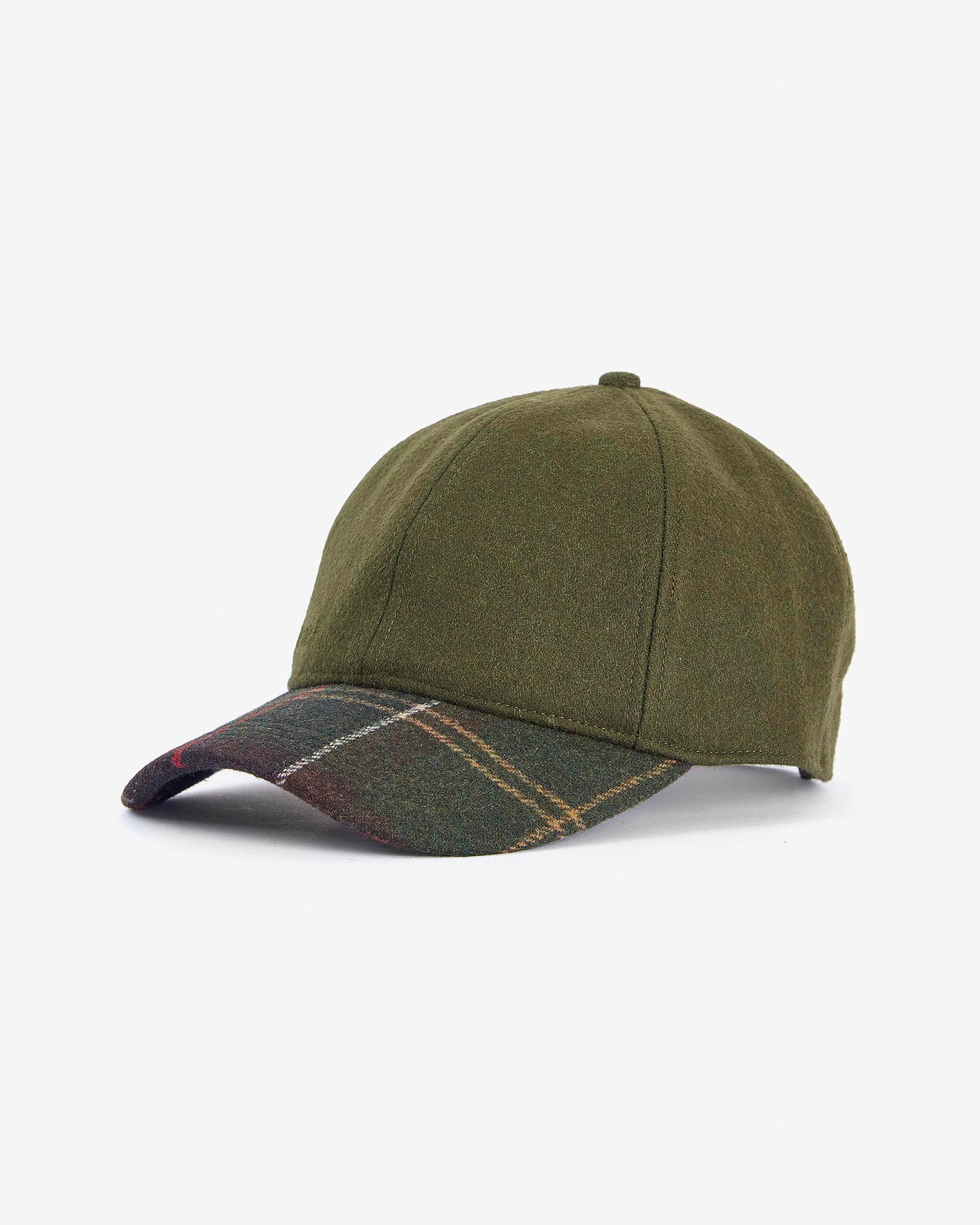 Barbour — Berretto Barbour verde militare in lana con frontino tartan check
