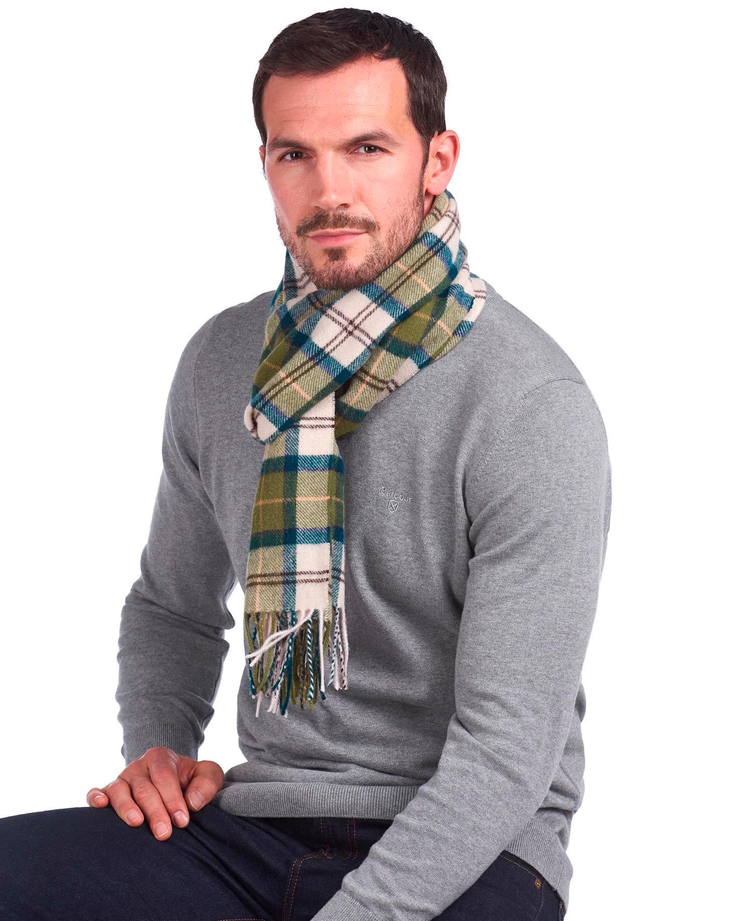 Sciarpa Barbour in tartan check beige e verde militare in pura