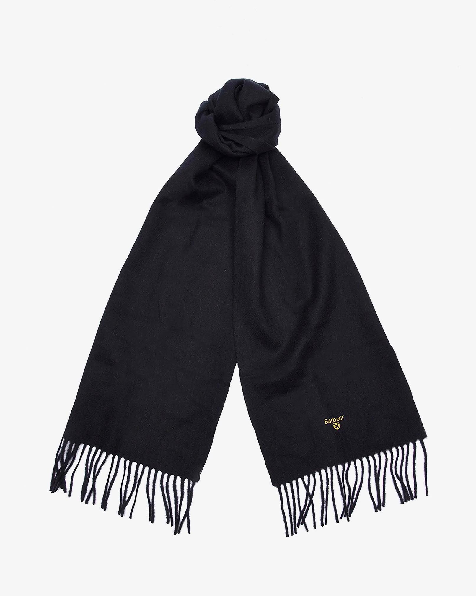 Sciarpa Barbour nera in pura lana con frange