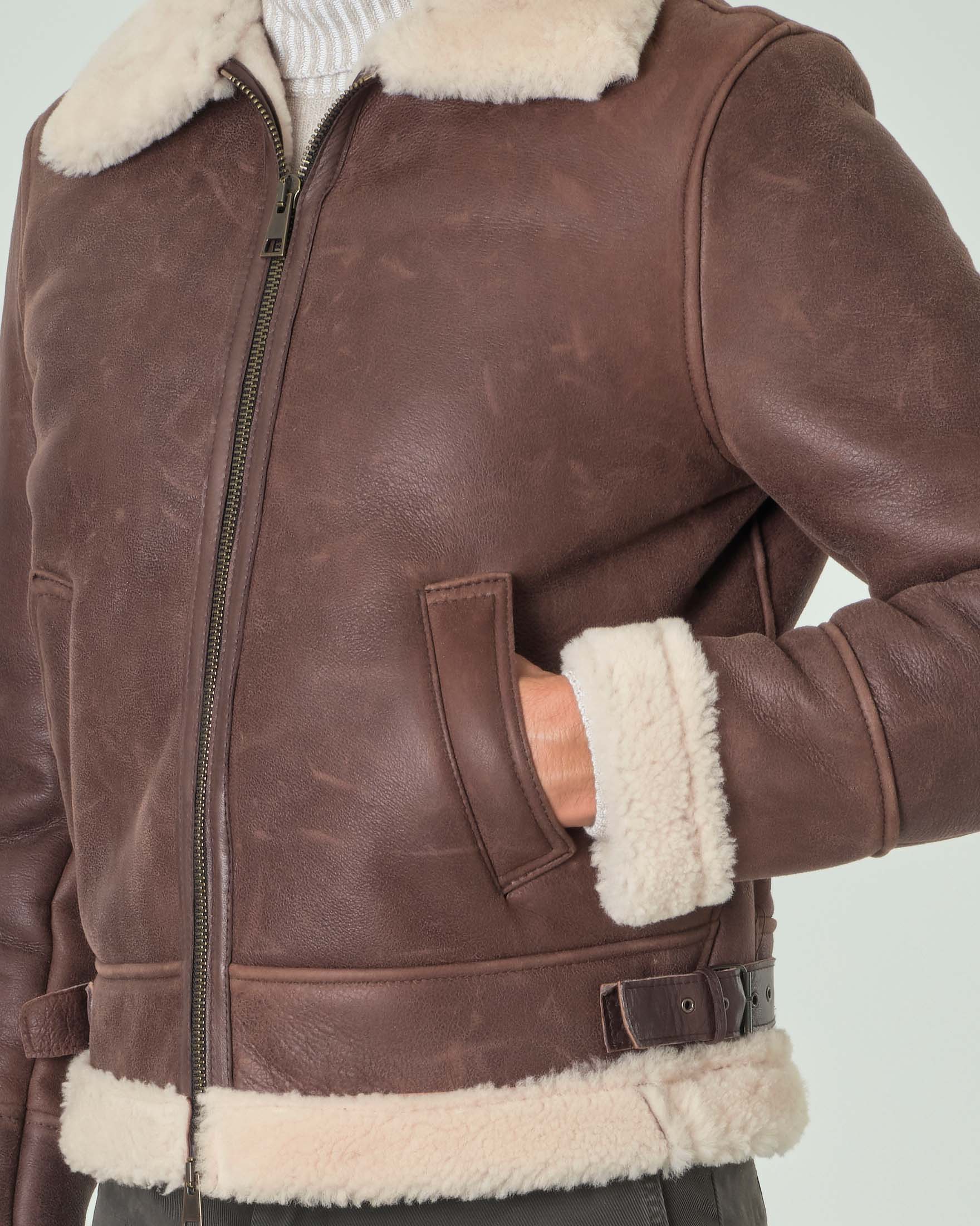 Giacca shearling My Stuff marrone foderata in orsetto color panna image