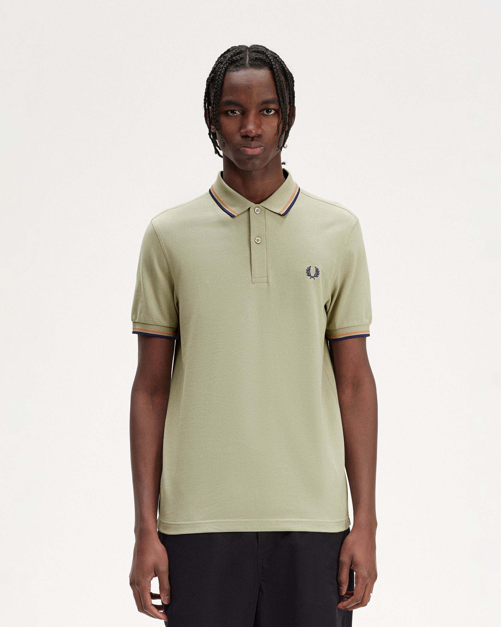 Polo beige mezza manica con bordino indaco e arancio