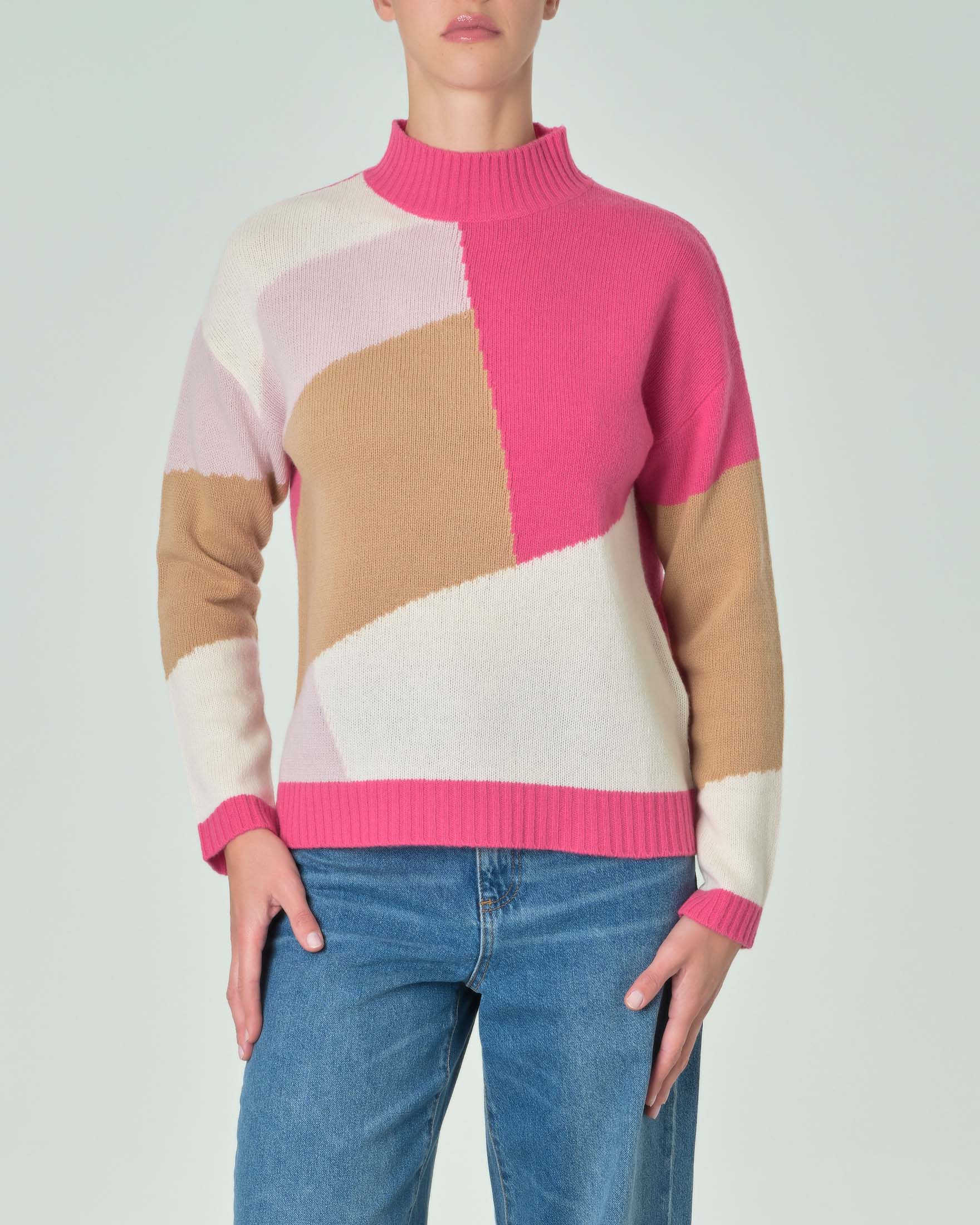 Maglia in lana a blocchi di colore rosa bubble cammello e avorio con ...