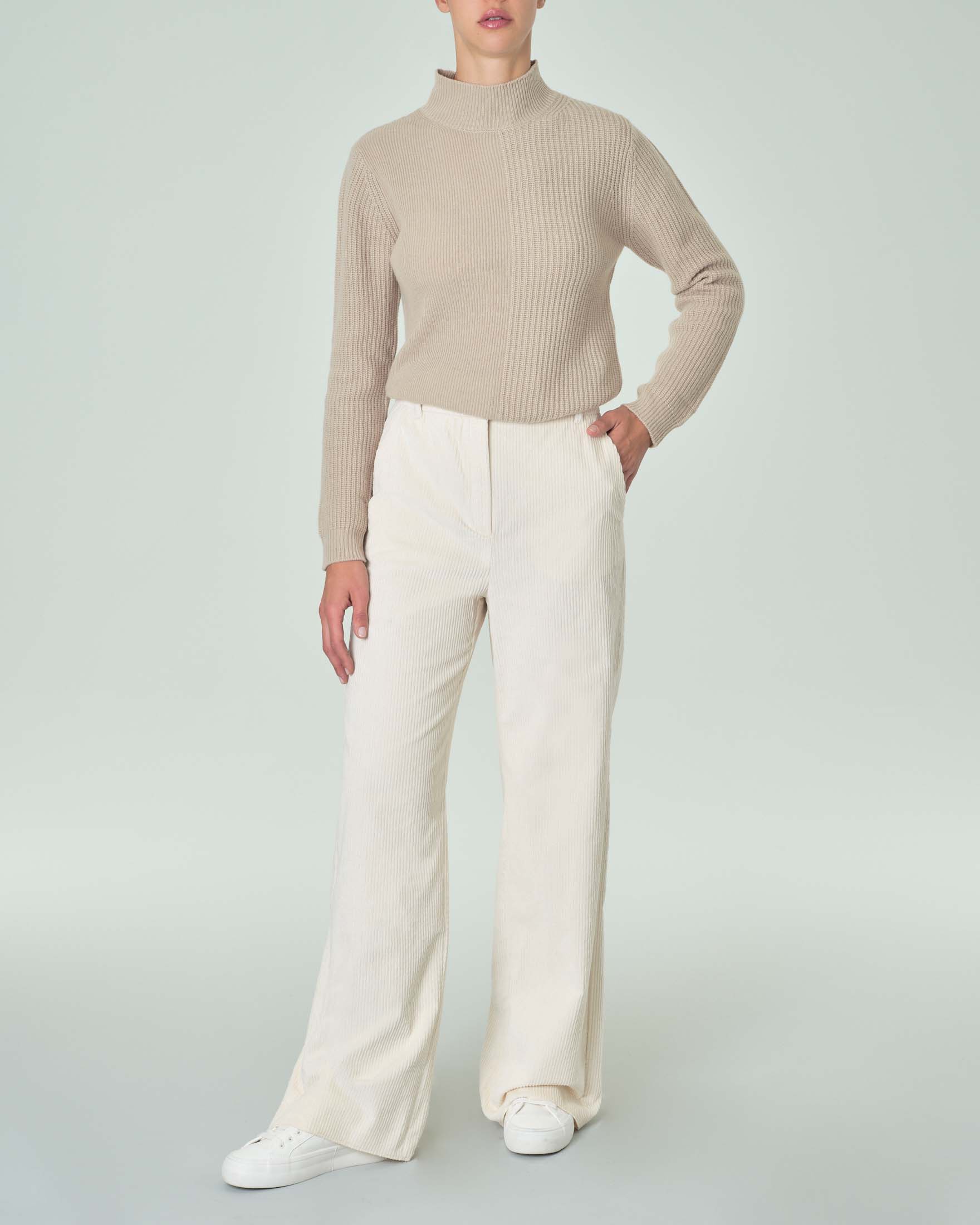 Pantaloni palazzo color panna in velluto 500 righe di misto cotone