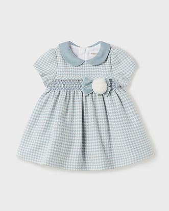 Abito bianco e azzurro in misto cotone a mezza manica a fantasia pied de poule 