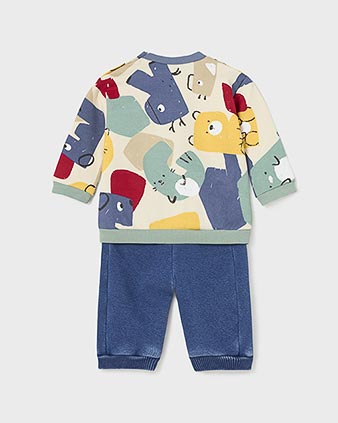 Completo composto da felpa stampata multicolore e jeans a lavaggio scuro stone washed 6-18 mesi image