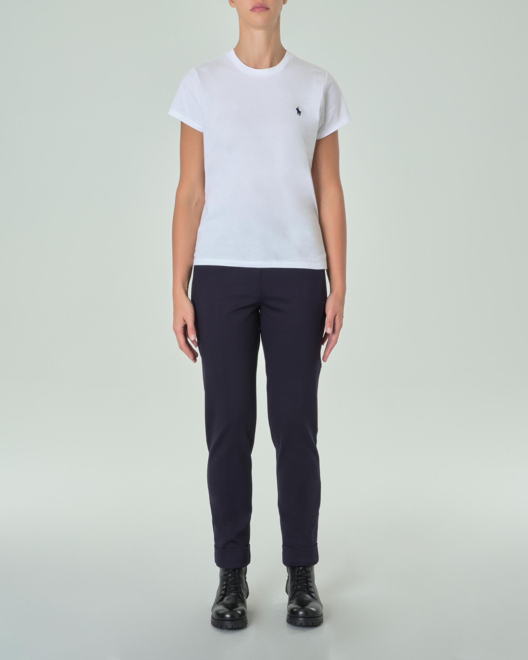 Pantaloni blu slim in misto viscosa punto Milano con risvolto al fondo ed elastico in vita