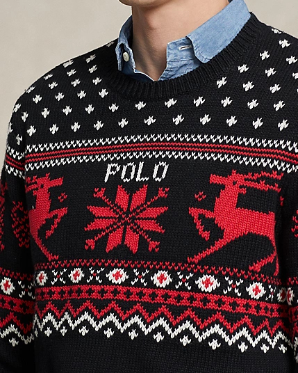 Maglione nero girocollo in misto lana e cashmere con fantasia