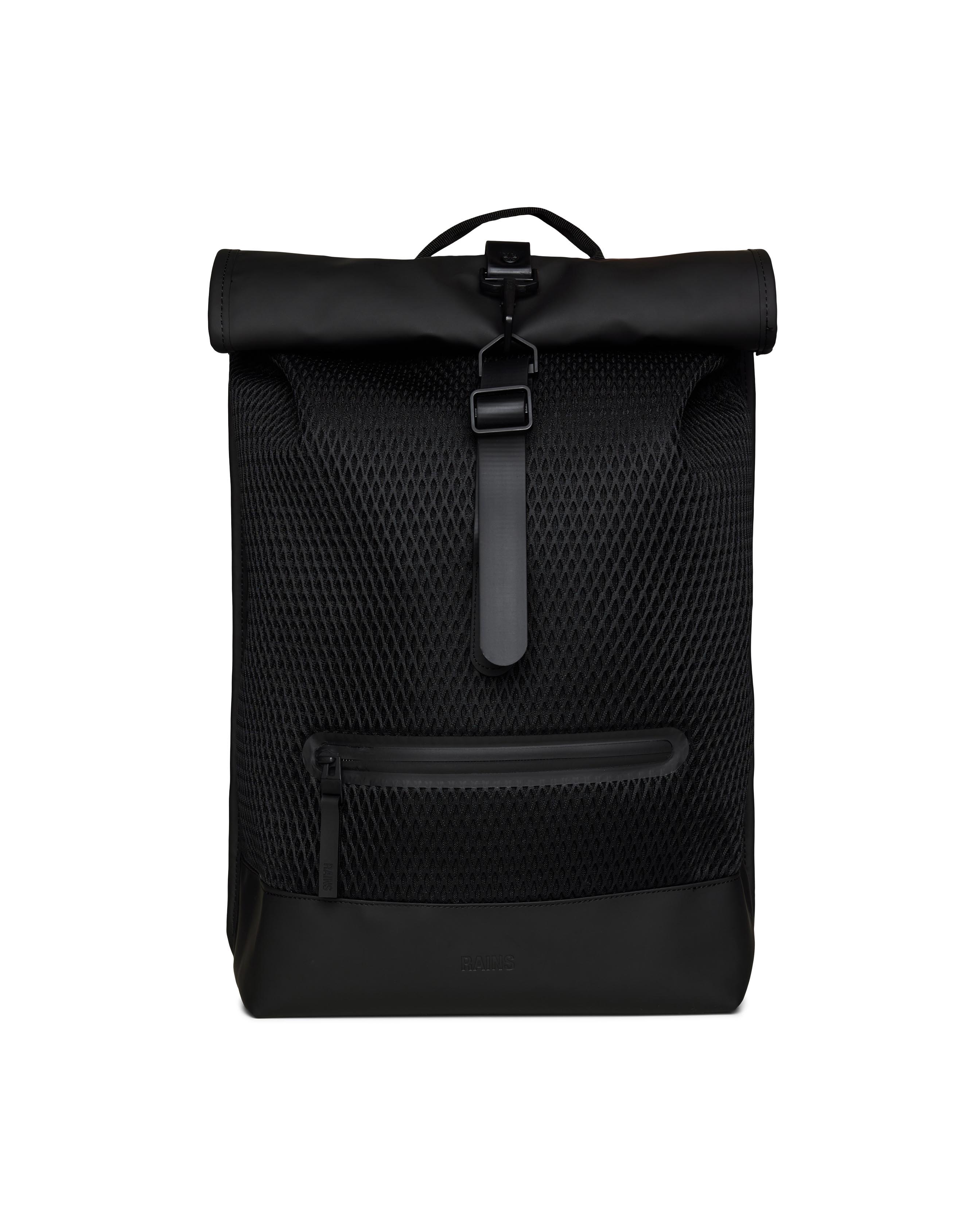 Zaino Rolltop Rucksack Mesh Rains nero in tessuto tecnico impermeabile e mesh