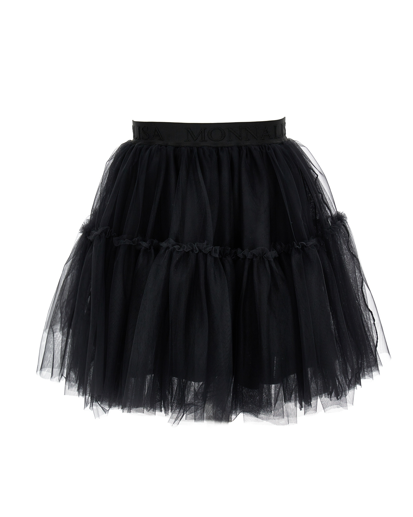 Gonna Monnalisa nera in tulle mano seta con balza al fondo e fascia elastica in vita con logo parlato in tono 