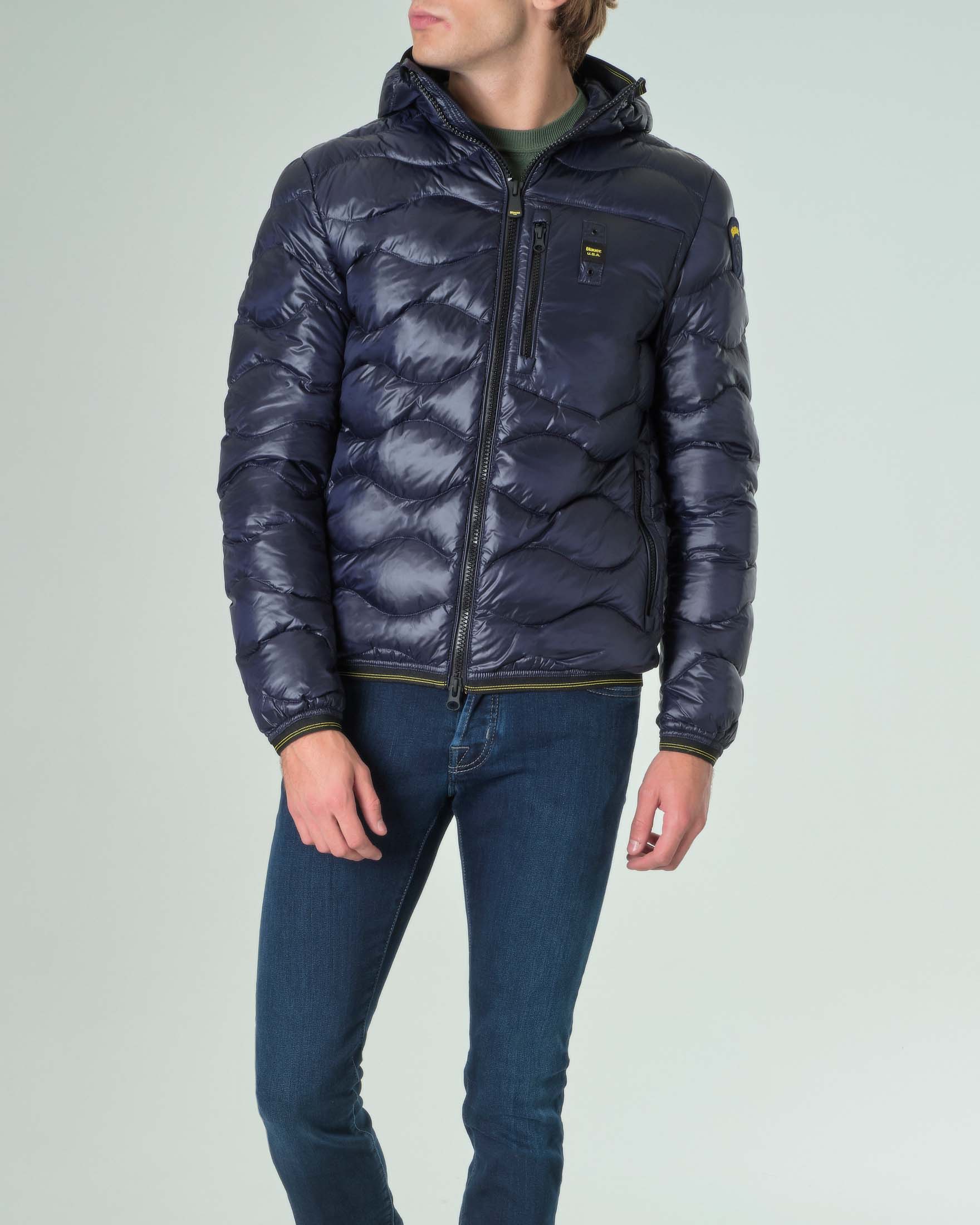 Piumino blu con cappuccio fisso e trapuntatura ad onde Pellizzari